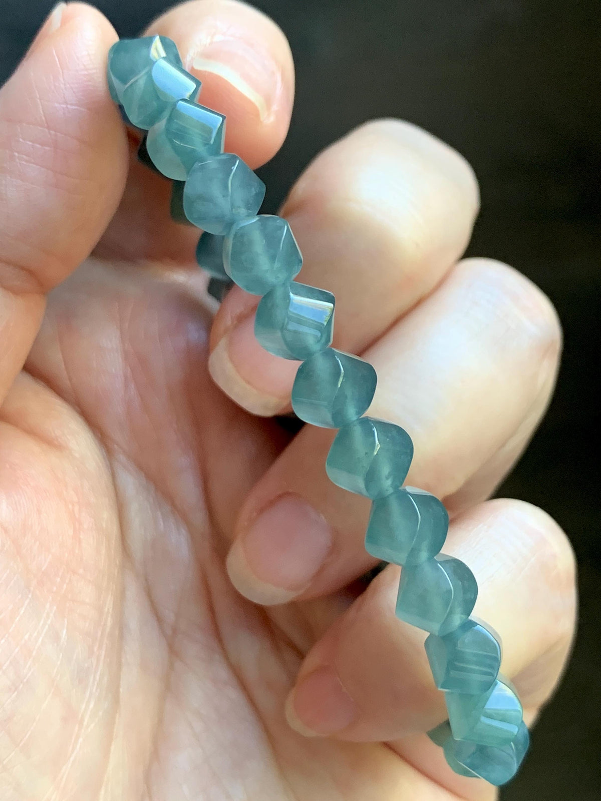 Certified Natural Grade A Guatemalan Icy Translucent Dusty Teal Blue Jade Jadeite Faceted Beads Beaded Bracelet 7.25” 15g 天然冰危深蓝绿翡翠切割珠手串1184