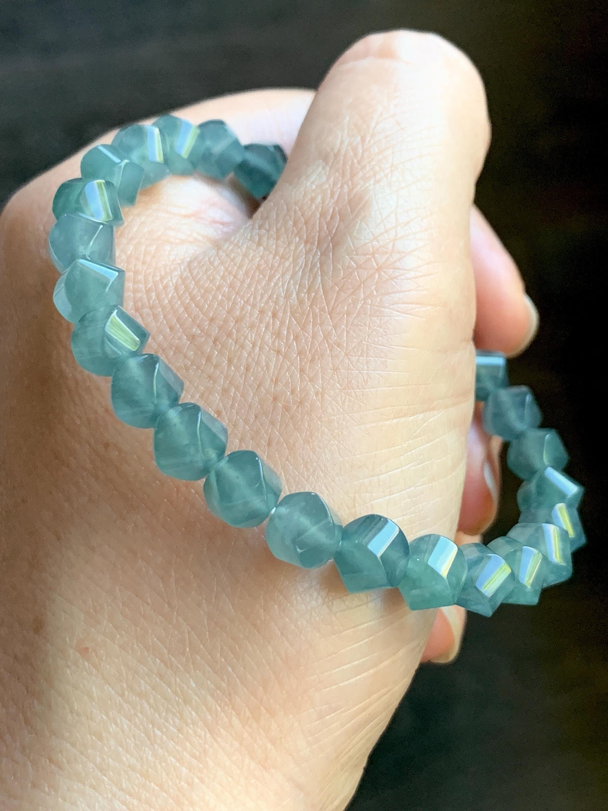 Certified Natural Grade A Guatemalan Icy Translucent Dusty Teal Blue Jade Jadeite Faceted Beads Beaded Bracelet 7.25” 15g 天然冰危深蓝绿翡翠切割珠手串1184