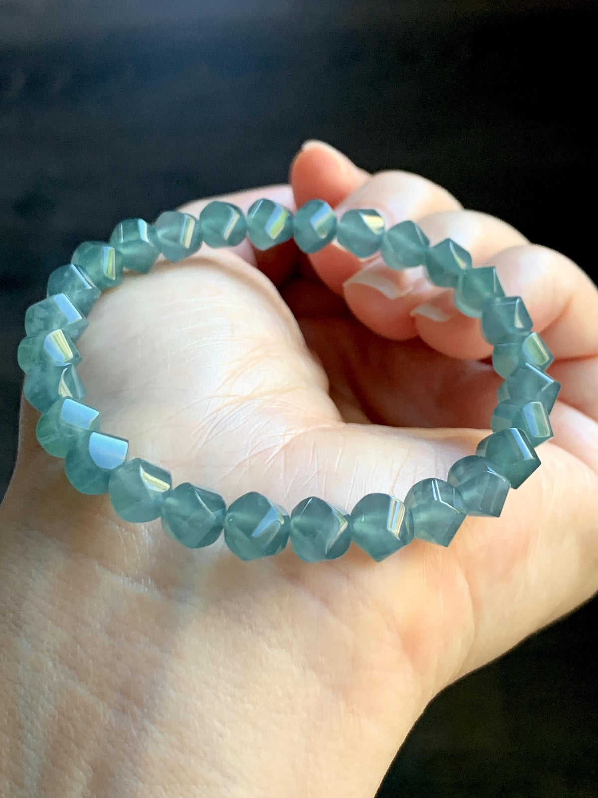 Certified Natural Grade A Guatemalan Icy Translucent Dusty Teal Blue Jade Jadeite Faceted Beads Beaded Bracelet 7.25” 15g 天然冰危深蓝绿翡翠切割珠手串1184