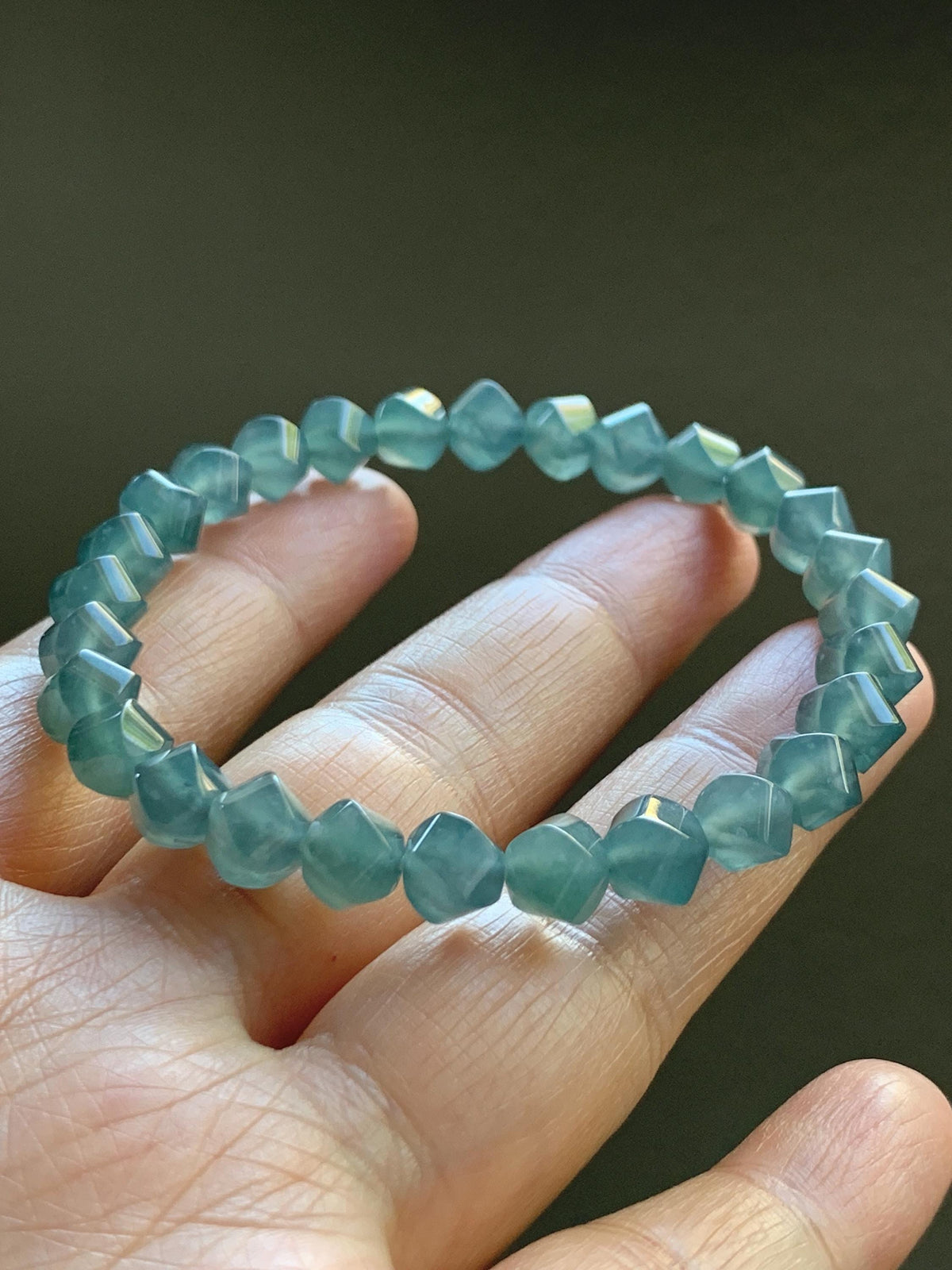 Certified Natural Grade A Guatemalan Icy Translucent Dusty Teal Blue Jade Jadeite Faceted Beads Beaded Bracelet 7.25” 15g 天然冰危深蓝绿翡翠切割珠手串1184