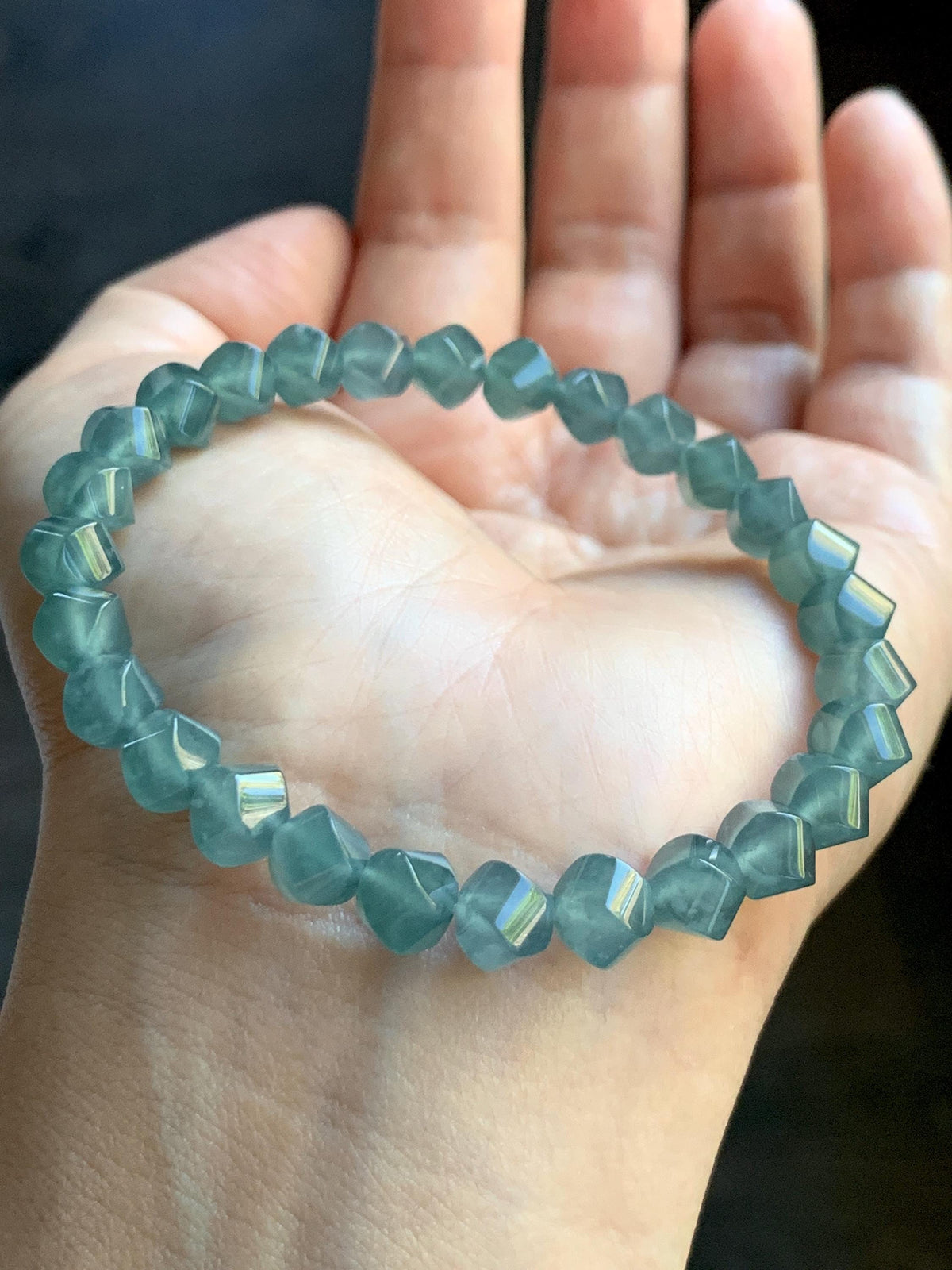 Certified Natural Grade A Guatemalan Icy Translucent Dusty Teal Blue Jade Jadeite Faceted Beads Beaded Bracelet 7.25” 15g 天然冰危深蓝绿翡翠切割珠手串1184