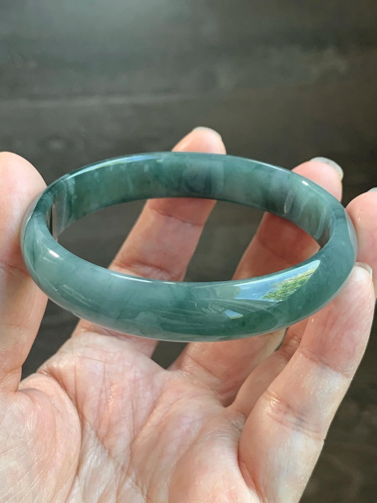 Certified Natural Grade A Guatemalan Icy Highly Translucent Dusty Teal Green Jade Jadeite Wide Bangle 58.73mm 7.26” 36g 天然冰危灰蓝绿翡翠正圈宽版手镯 1225