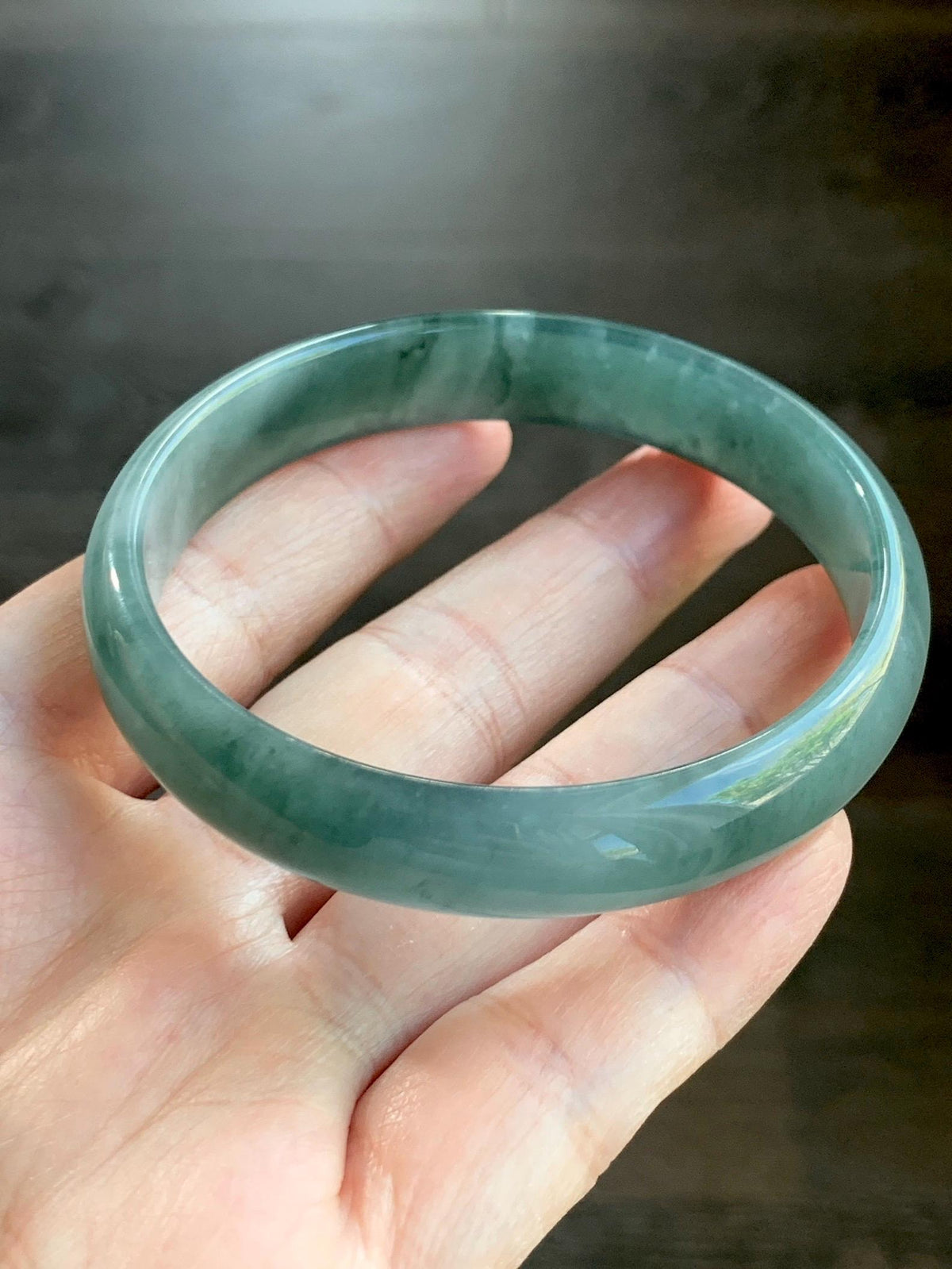Certified Natural Grade A Guatemalan Icy Highly Translucent Dusty Teal Green Jade Jadeite Wide Bangle 58.73mm 7.26” 36g 天然冰危灰蓝绿翡翠正圈宽版手镯 1225