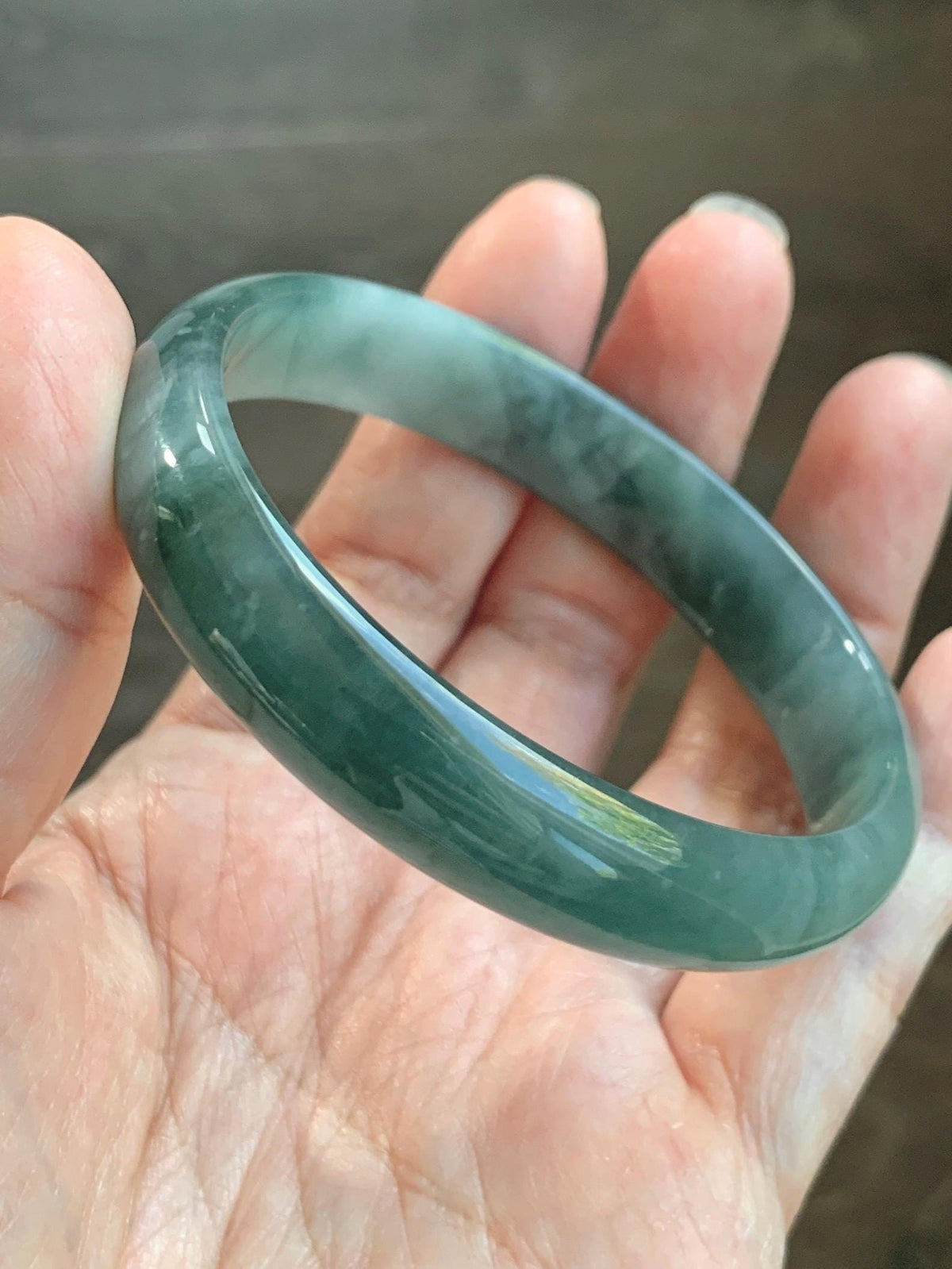 Certified Natural Grade A Guatemalan Icy Highly Translucent Dusty Teal Green Jade Jadeite Wide Bangle 58.73mm 7.26” 36g 天然冰危灰蓝绿翡翠正圈宽版手镯 1225