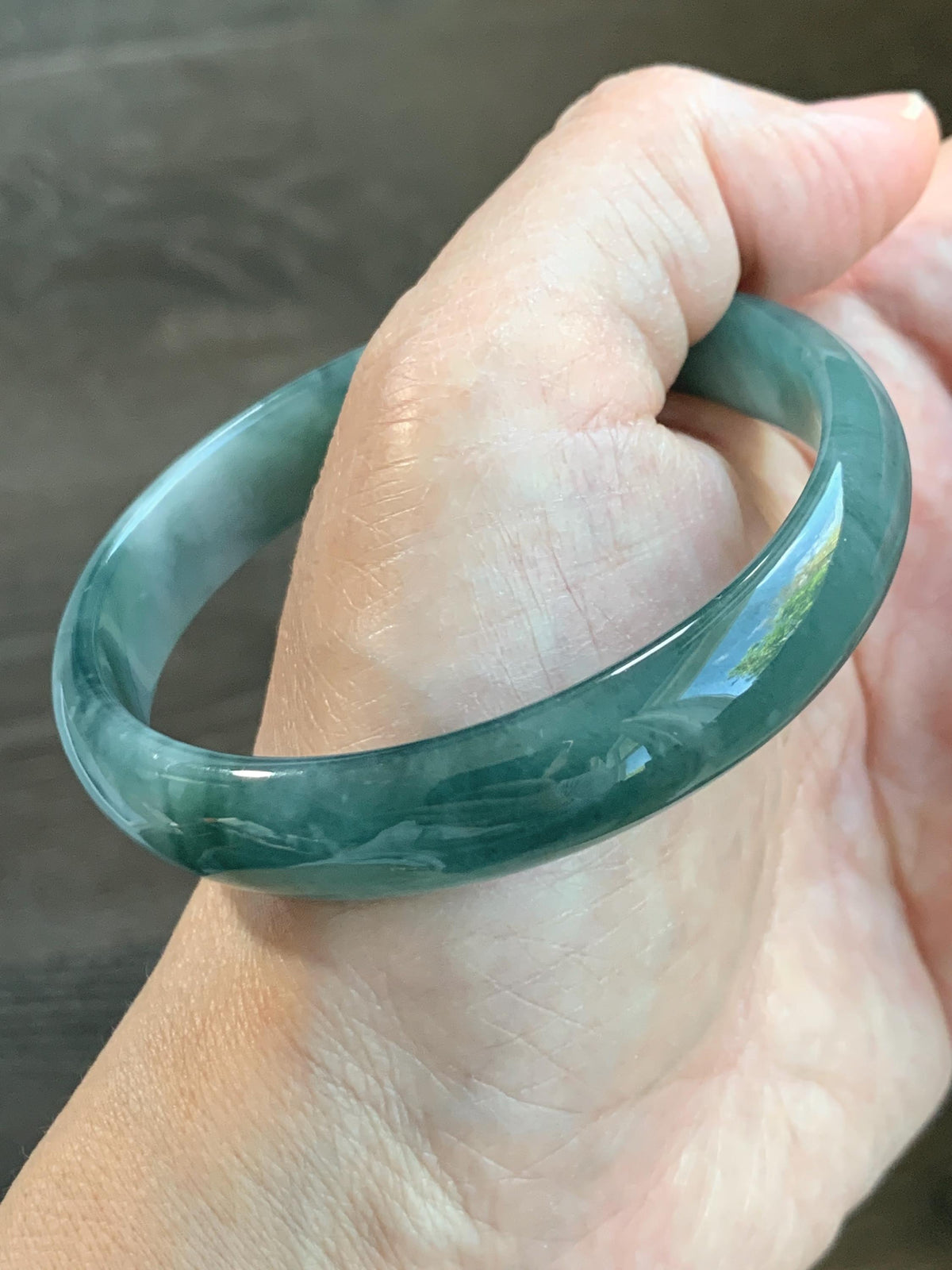 Certified Natural Grade A Guatemalan Icy Highly Translucent Dusty Teal Green Jade Jadeite Wide Bangle 58.73mm 7.26” 36g 天然冰危灰蓝绿翡翠正圈宽版手镯 1225