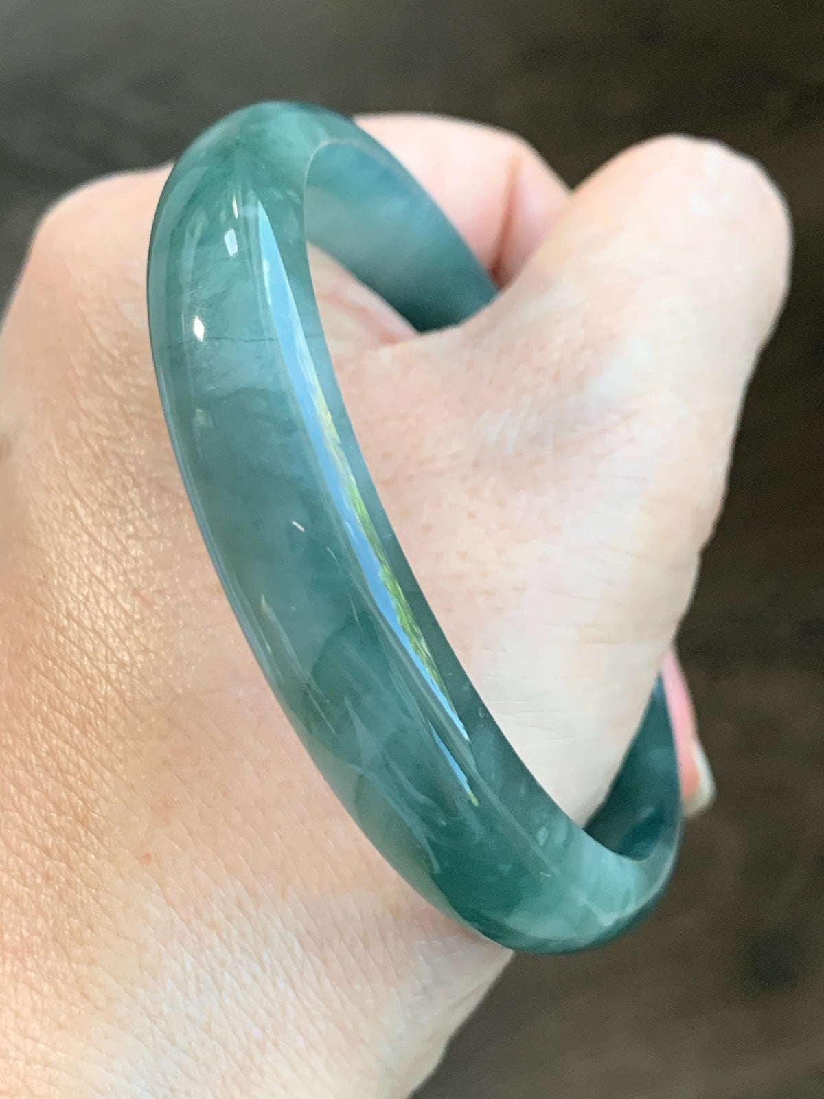 Certified Natural Grade A Guatemalan Icy Highly Translucent Dusty Teal Green Jade Jadeite Wide Bangle 58.73mm 7.26” 36g 天然冰危灰蓝绿翡翠正圈宽版手镯 1225