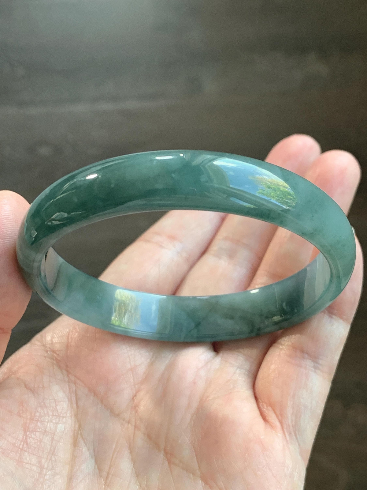 Certified Natural Grade A Guatemalan Icy Highly Translucent Dusty Teal Green Jade Jadeite Wide Bangle 58.73mm 7.26” 36g 天然冰危灰蓝绿翡翠正圈宽版手镯 1225