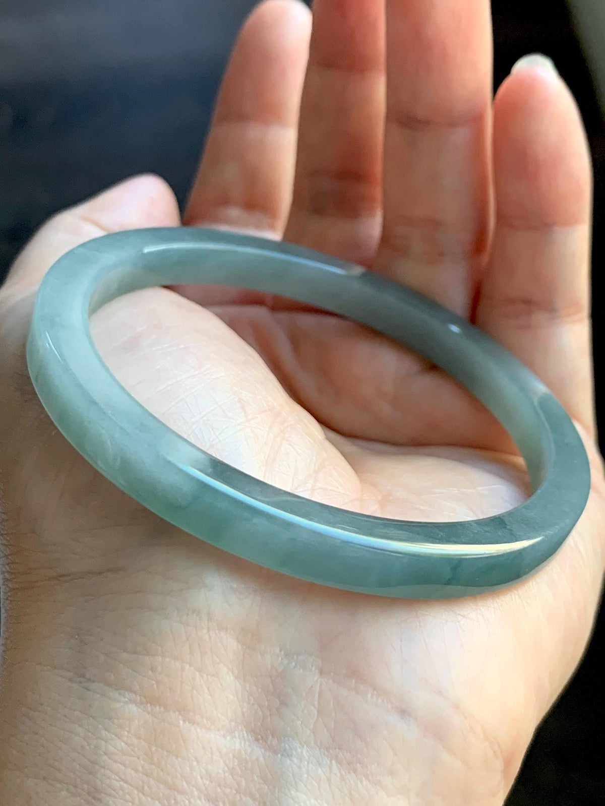 Certified Natural Grade A Guatemalan Icy Translucent Dusty Teal Blue Jade Jadeite Square Edged Bangle 58.74mm 7.26” 25g 天然冰危浅灰蓝翡翠方镯手镯 1194