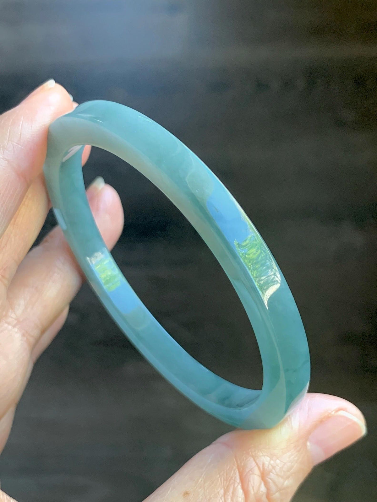 Certified Natural Grade A Guatemalan Icy Translucent Dusty Teal Blue Jade Jadeite Square Edged Bangle 58.74mm 7.26” 25g 天然冰危浅灰蓝翡翠方镯手镯 1194