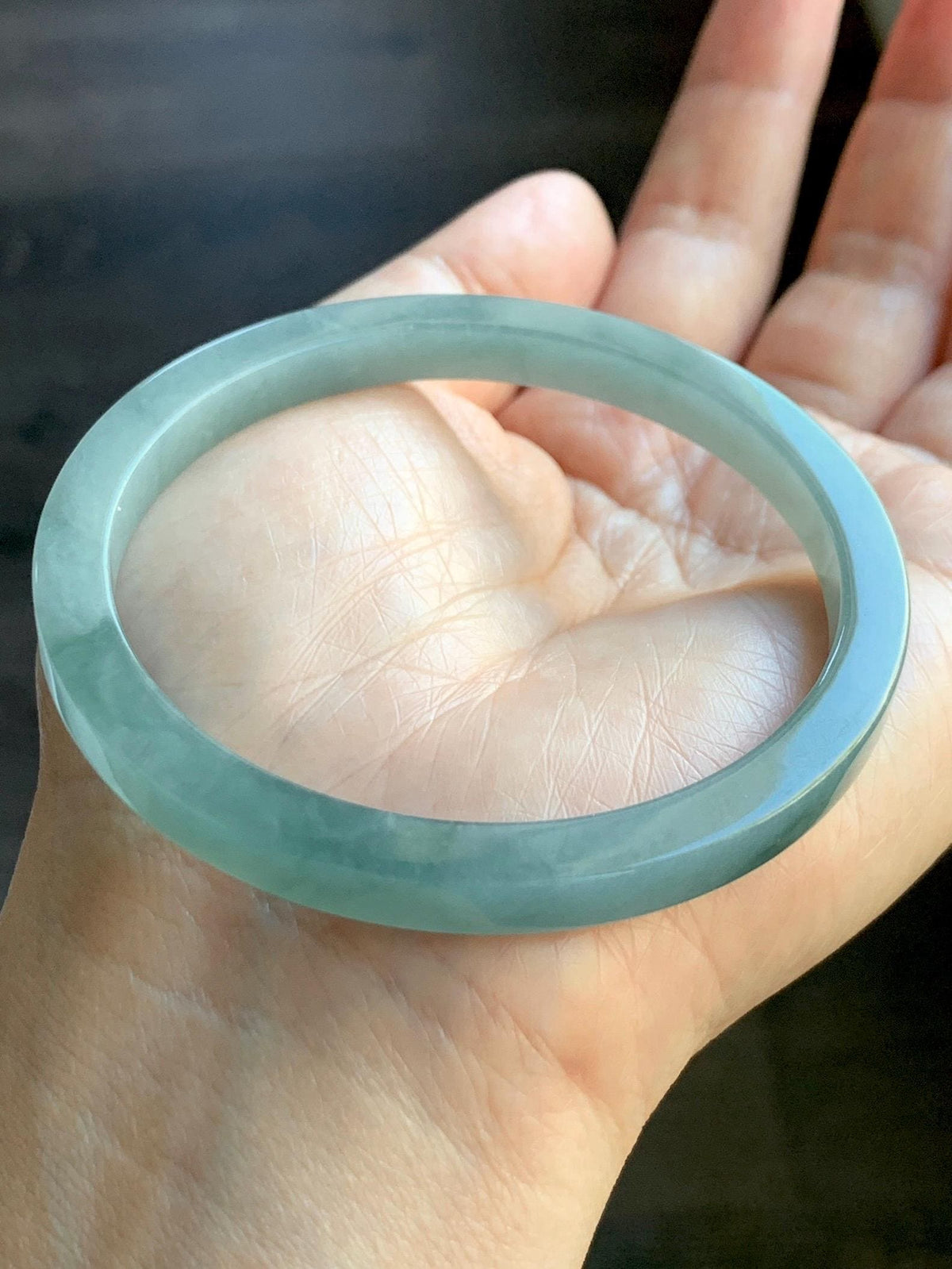 Certified Natural Grade A Guatemalan Icy Translucent Dusty Teal Blue Jade Jadeite Square Edged Bangle 58.74mm 7.26” 25g 天然冰危浅灰蓝翡翠方镯手镯 1194