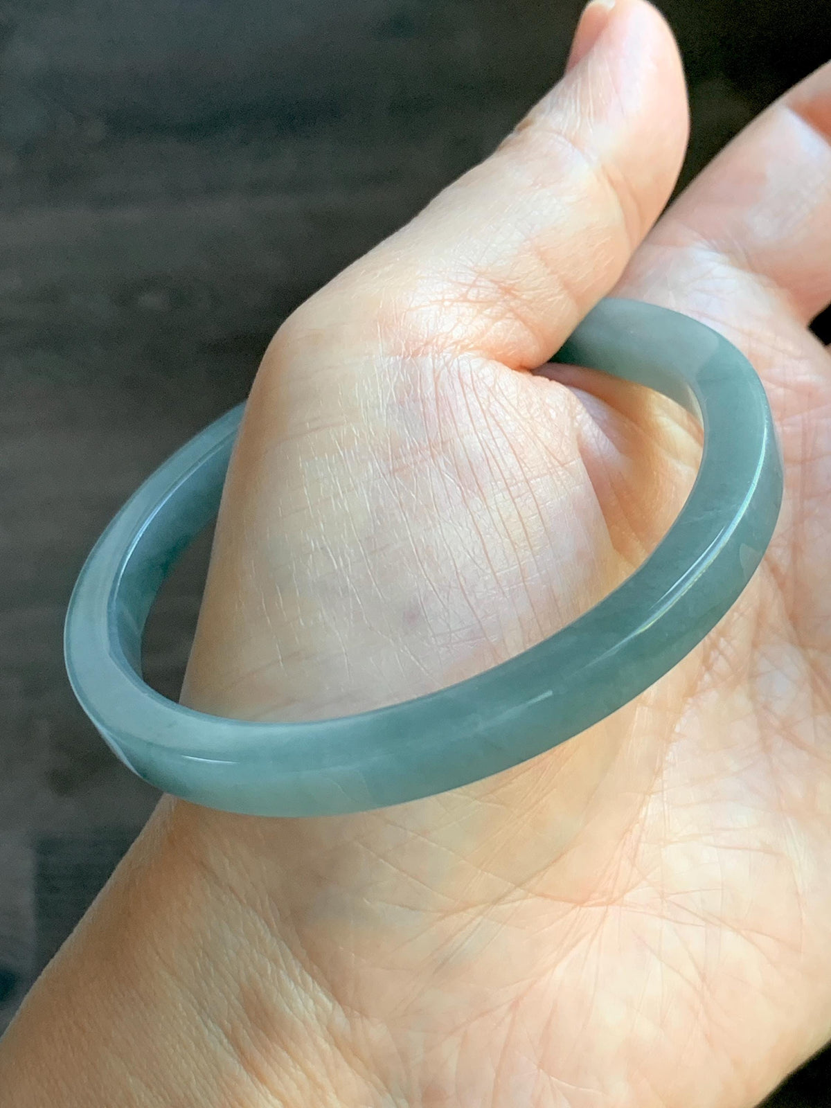 Certified Natural Grade A Guatemalan Icy Translucent Dusty Teal Blue Jade Jadeite Square Edged Bangle 58.74mm 7.26” 25g 天然冰危浅灰蓝翡翠方镯手镯 1194