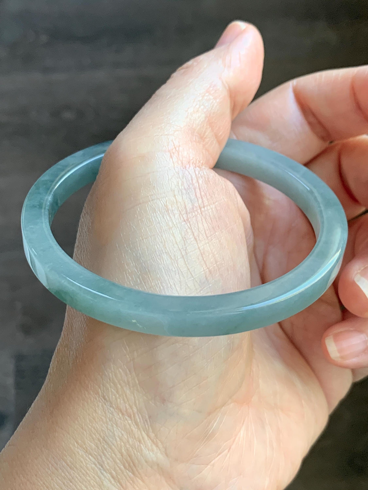 Certified Natural Grade A Guatemalan Icy Translucent Dusty Teal Blue Jade Jadeite Square Edged Bangle 58.74mm 7.26” 25g 天然冰危浅灰蓝翡翠方镯手镯 1194