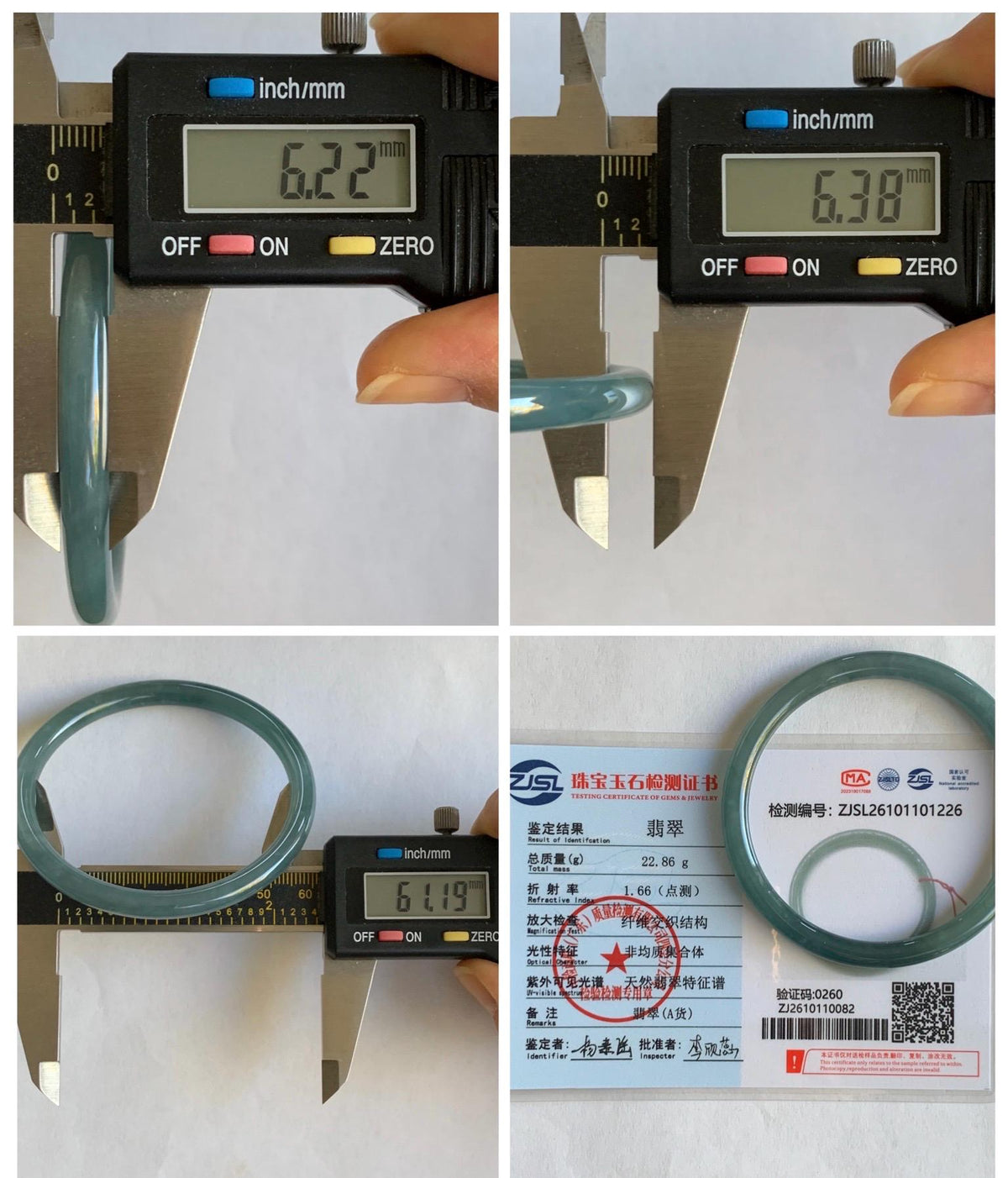 Certified Natural Grade A Guatemalan Icy Translucent Dusty Teal Blue Jade Jadeite Bangle Bracelet 61.19mm 7.56” 23g 天然冰危深蓝绿翡翠圆条手镯 1226
