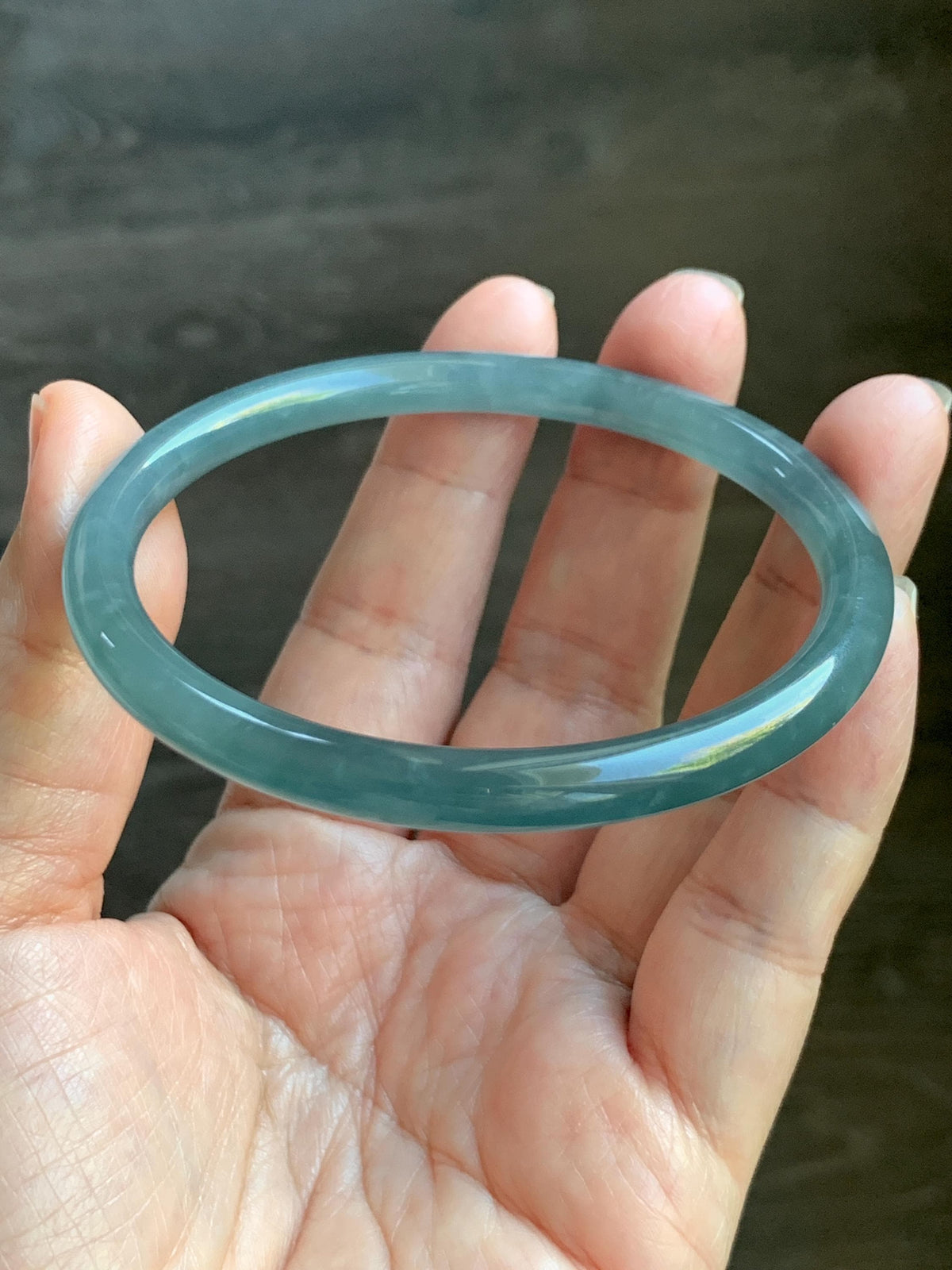 Certified Natural Grade A Guatemalan Icy Translucent Dusty Teal Blue Jade Jadeite Bangle Bracelet 61.19mm 7.56” 23g 天然冰危深蓝绿翡翠圆条手镯 1226
