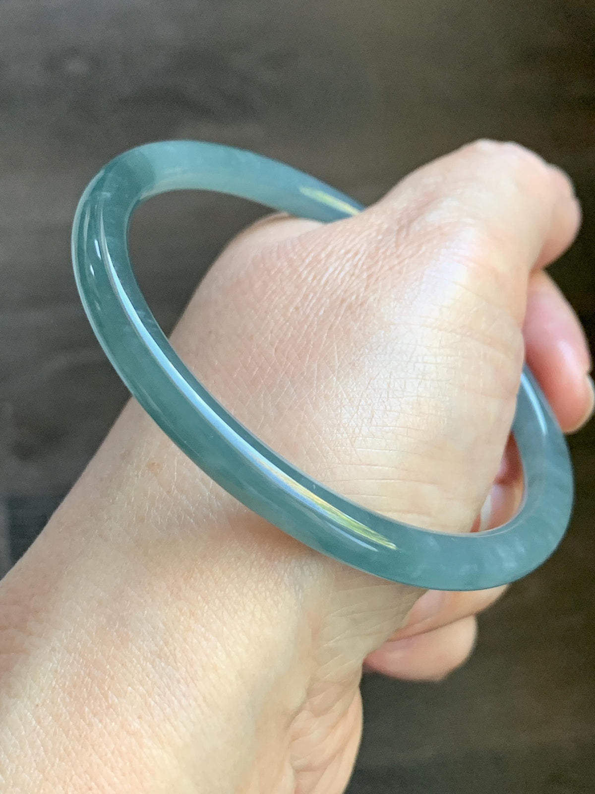 Certified Natural Grade A Guatemalan Icy Translucent Dusty Teal Blue Jade Jadeite Bangle Bracelet 61.19mm 7.56” 23g 天然冰危深蓝绿翡翠圆条手镯 1226