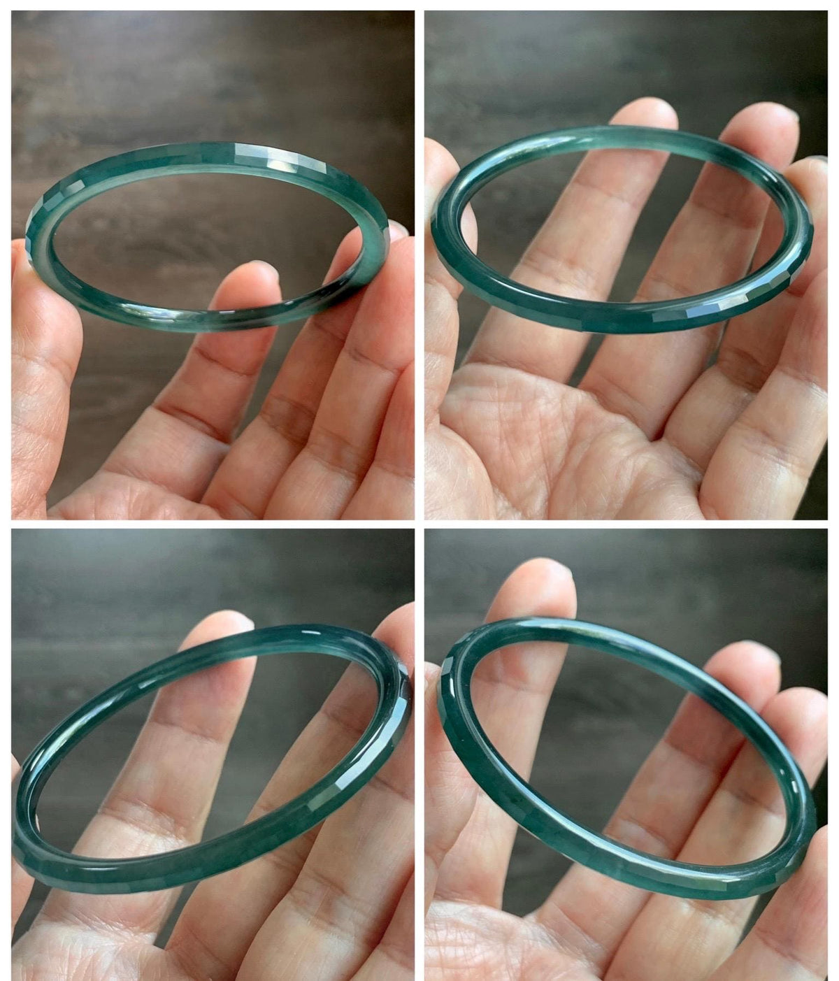 Certified Natural Grade A Guatemalan Icy Highly Translucent Deep Teal Green Faceted Jadeite Slim Bangle 54mm 6.66” 天然冰胶危深蓝绿翡翠细圆条切割面手镯 1200