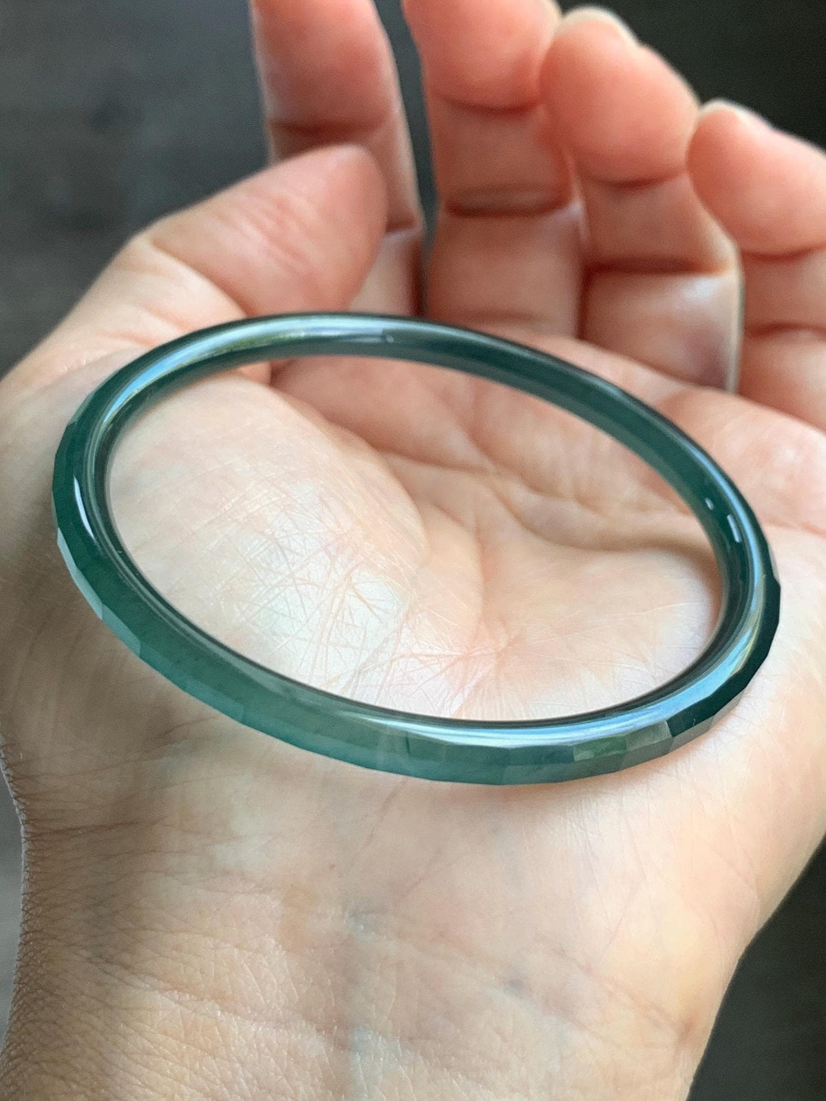 Certified Natural Grade A Guatemalan Icy Highly Translucent Deep Teal Green Faceted Jadeite Slim Bangle 54mm 6.66” 天然冰胶危深蓝绿翡翠细圆条切割面手镯 1200