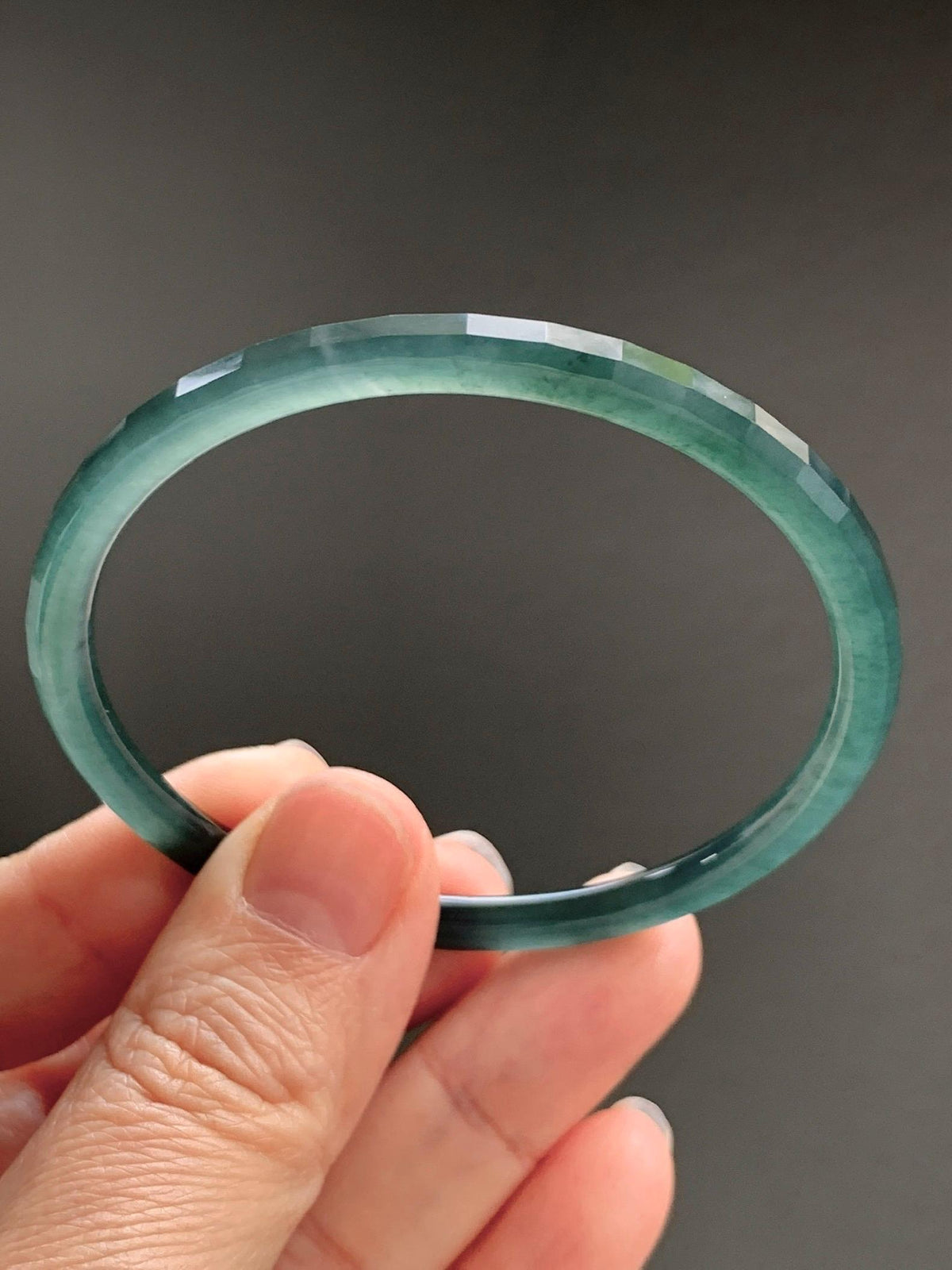 Certified Natural Grade A Guatemalan Icy Highly Translucent Deep Teal Green Faceted Jadeite Slim Bangle 54mm 6.66” 天然冰胶危深蓝绿翡翠细圆条切割面手镯 1200