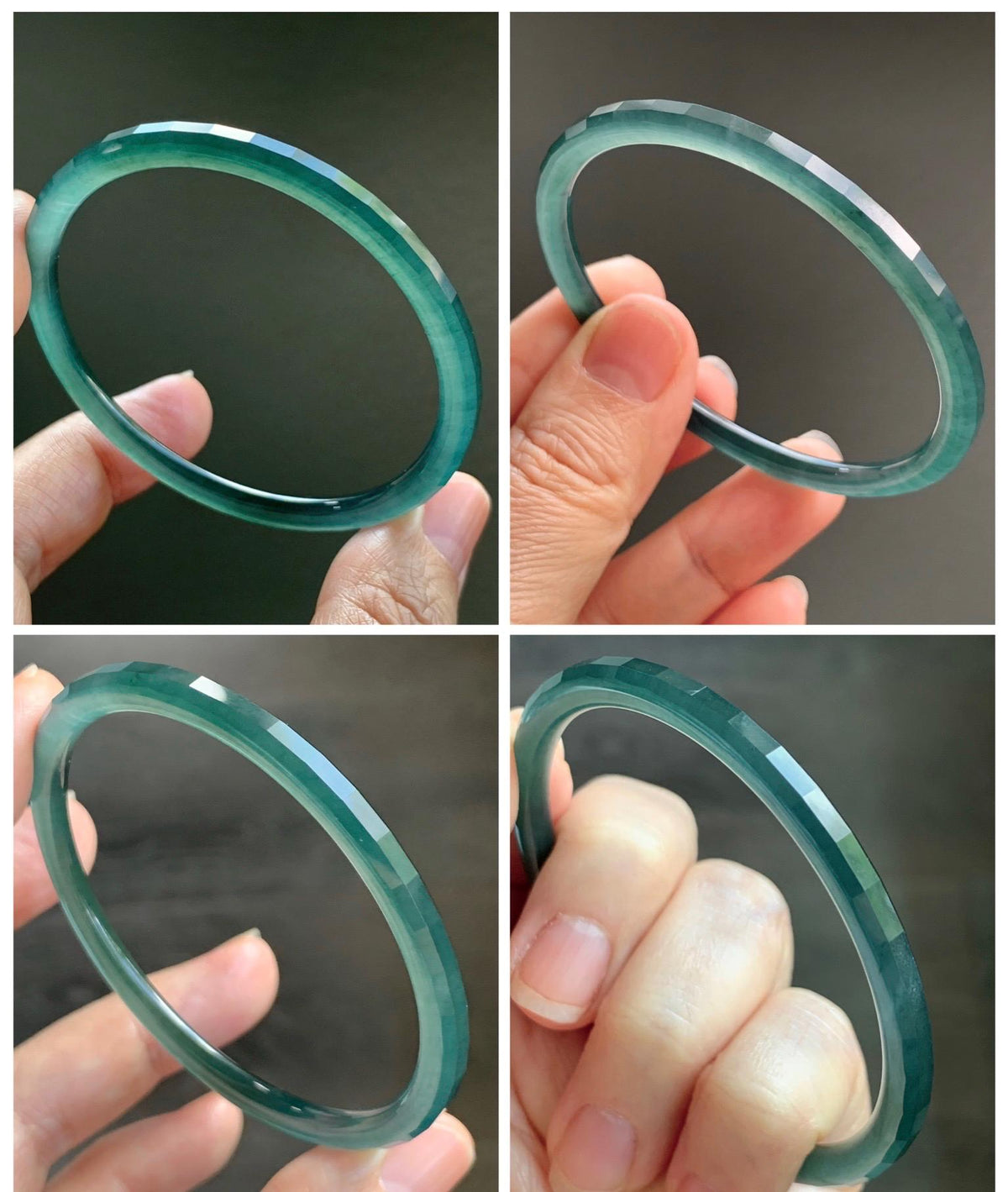Certified Natural Grade A Guatemalan Icy Highly Translucent Deep Teal Green Faceted Jadeite Slim Bangle 54mm 6.66” 天然冰胶危深蓝绿翡翠细圆条切割面手镯 1200