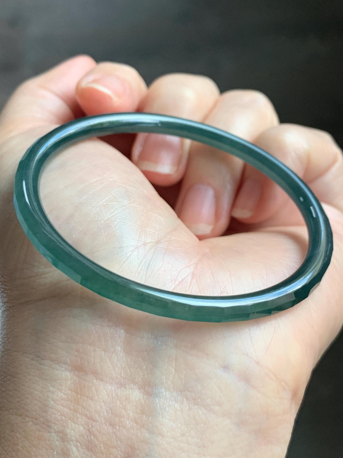 Certified Natural Grade A Guatemalan Icy Highly Translucent Deep Teal Green Faceted Jadeite Slim Bangle 54mm 6.66” 天然冰胶危深蓝绿翡翠细圆条切割面手镯 1200