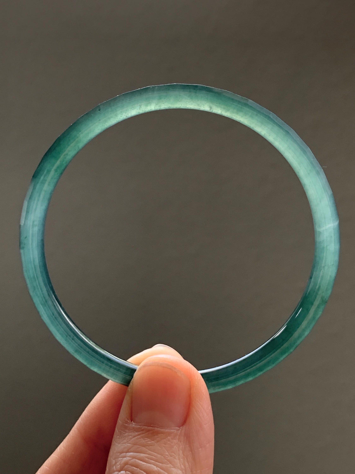 Certified Natural Grade A Guatemalan Icy Highly Translucent Deep Teal Green Faceted Jadeite Slim Bangle 54mm 6.66” 天然冰胶危深蓝绿翡翠细圆条切割面手镯 1200