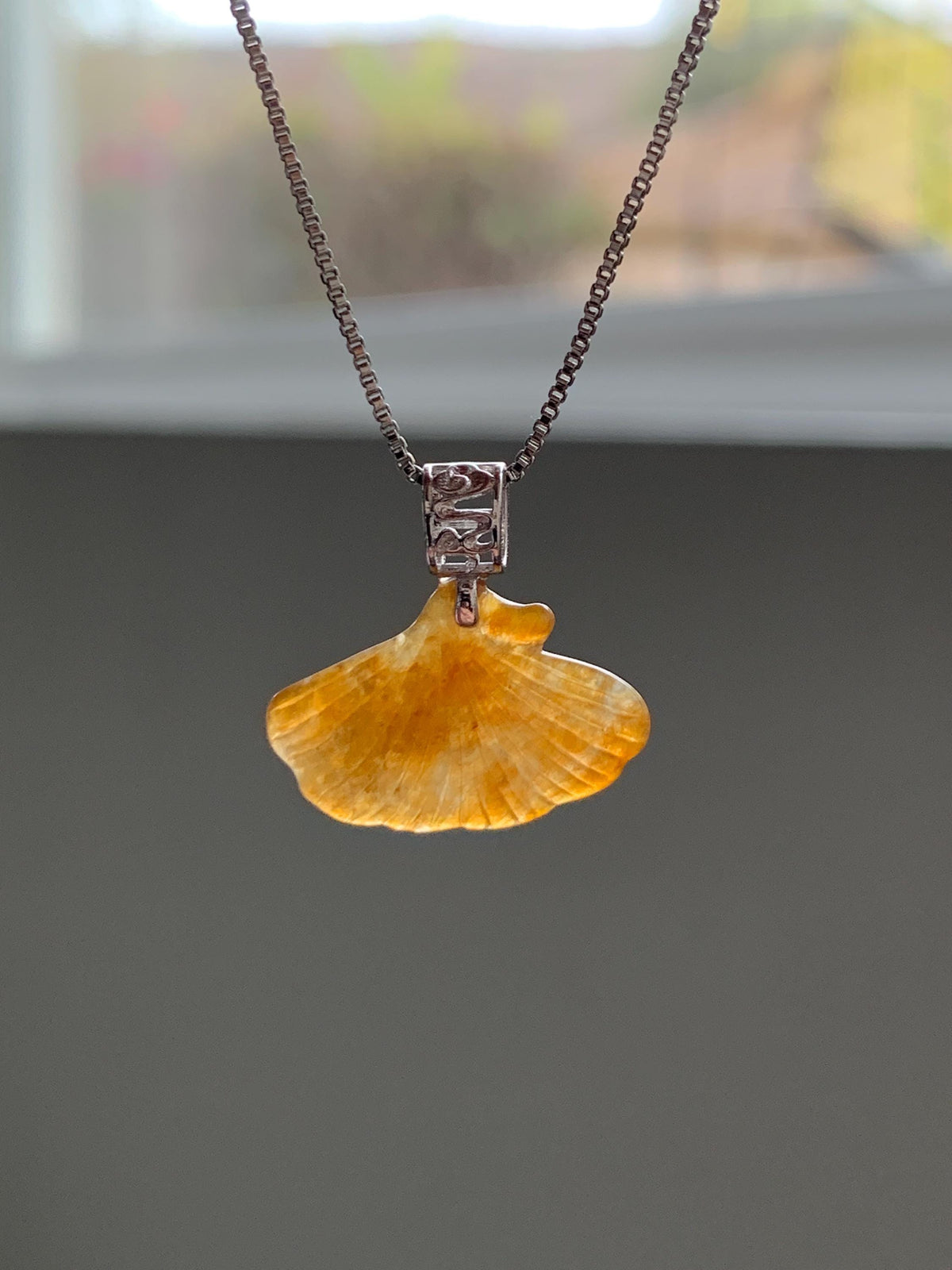 Petite Natural Grade A Icy Translucent Rich Honey Brown Jade Jadeite Ginkgo Leaf Pendant Sterling Silver 天然冰油黄翡翠银杏叶迷你吊坠 MYX330B