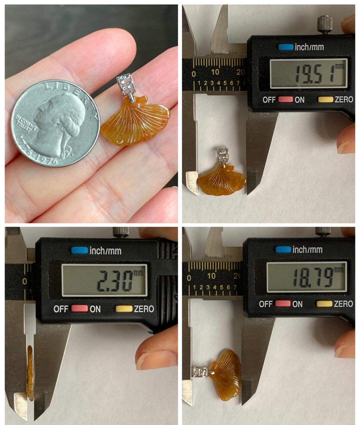 Petite Natural Grade A Icy Translucent Rich Honey Brown Jade Jadeite Ginkgo Leaf Pendant Sterling Silver 天然冰油黄翡翠银杏叶迷你吊坠 MYX330B