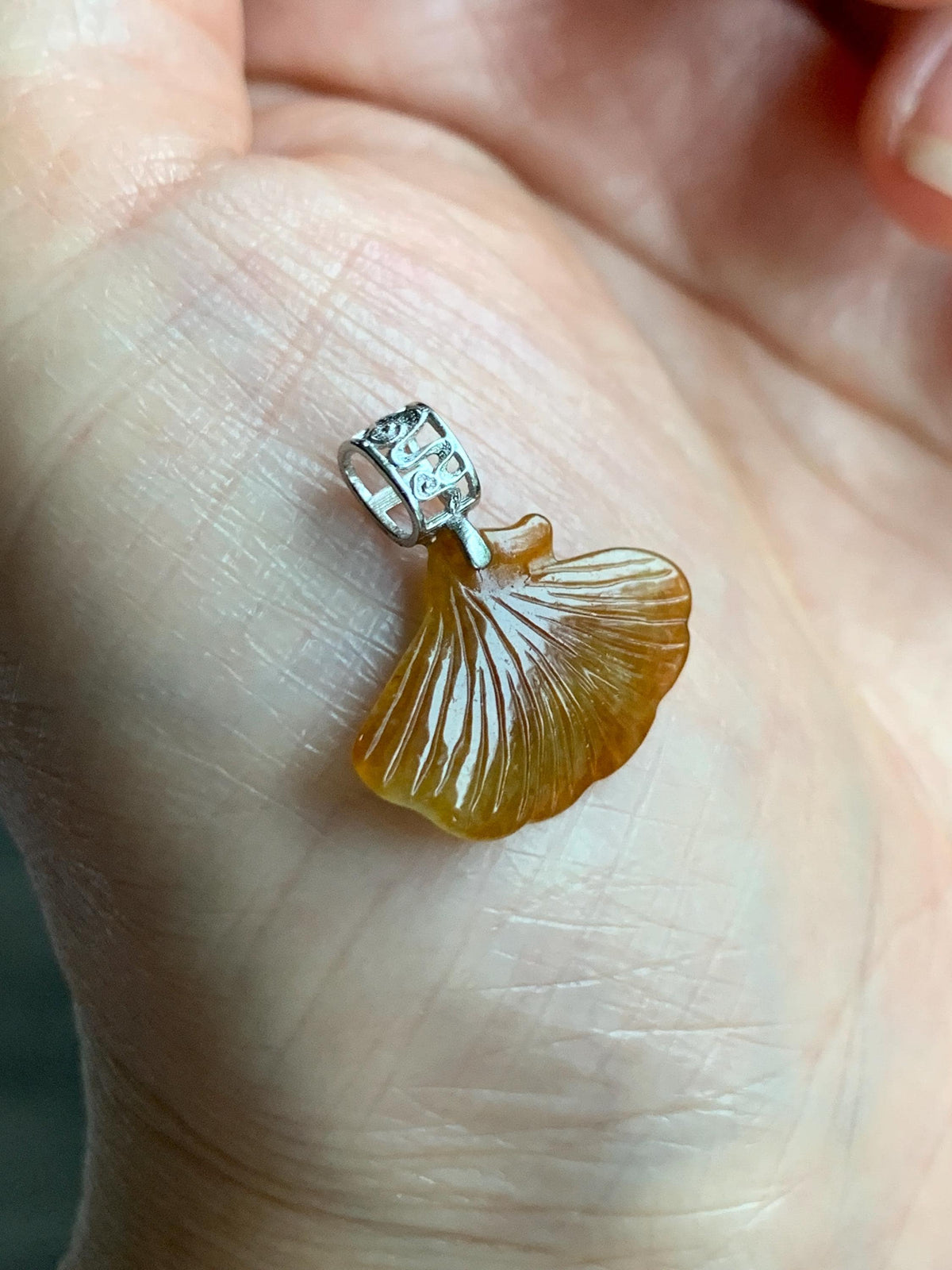 Petite Natural Grade A Icy Translucent Rich Honey Brown Jade Jadeite Ginkgo Leaf Pendant Sterling Silver 天然冰油黄翡翠银杏叶迷你吊坠 MYX330B