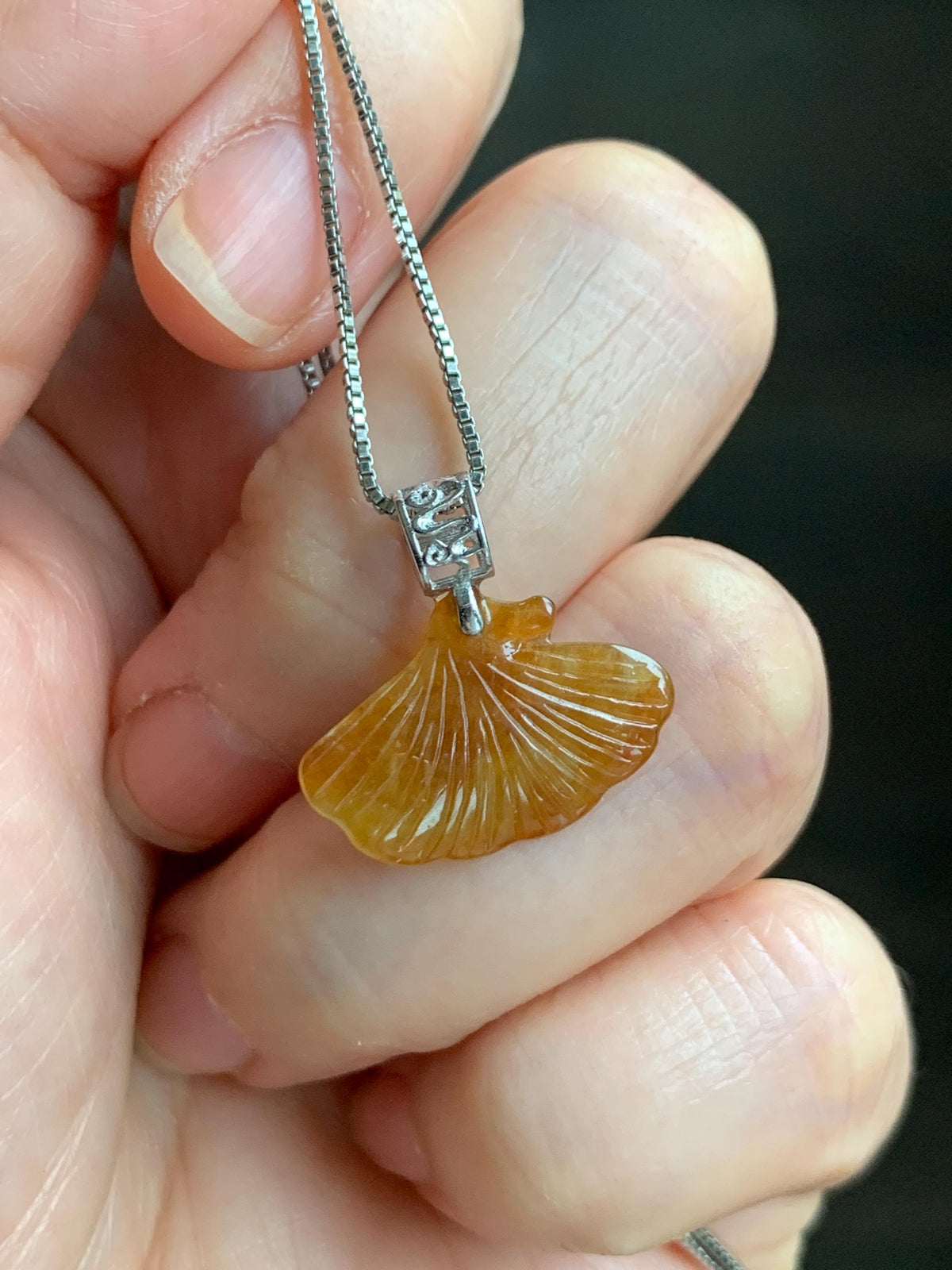 Petite Natural Grade A Icy Translucent Rich Honey Brown Jade Jadeite Ginkgo Leaf Pendant Sterling Silver 天然冰油黄翡翠银杏叶迷你吊坠 MYX330B