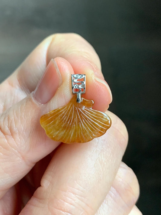 Petite Natural Grade A Icy Translucent Rich Honey Brown Jade Jadeite Ginkgo Leaf Pendant Sterling Silver 天然冰油黄翡翠银杏叶迷你吊坠 MYX330B