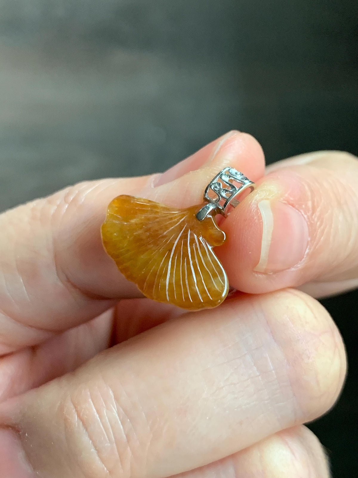Petite Natural Grade A Icy Translucent Rich Honey Brown Jade Jadeite Ginkgo Leaf Pendant Sterling Silver 天然冰油黄翡翠银杏叶迷你吊坠 MYX330B