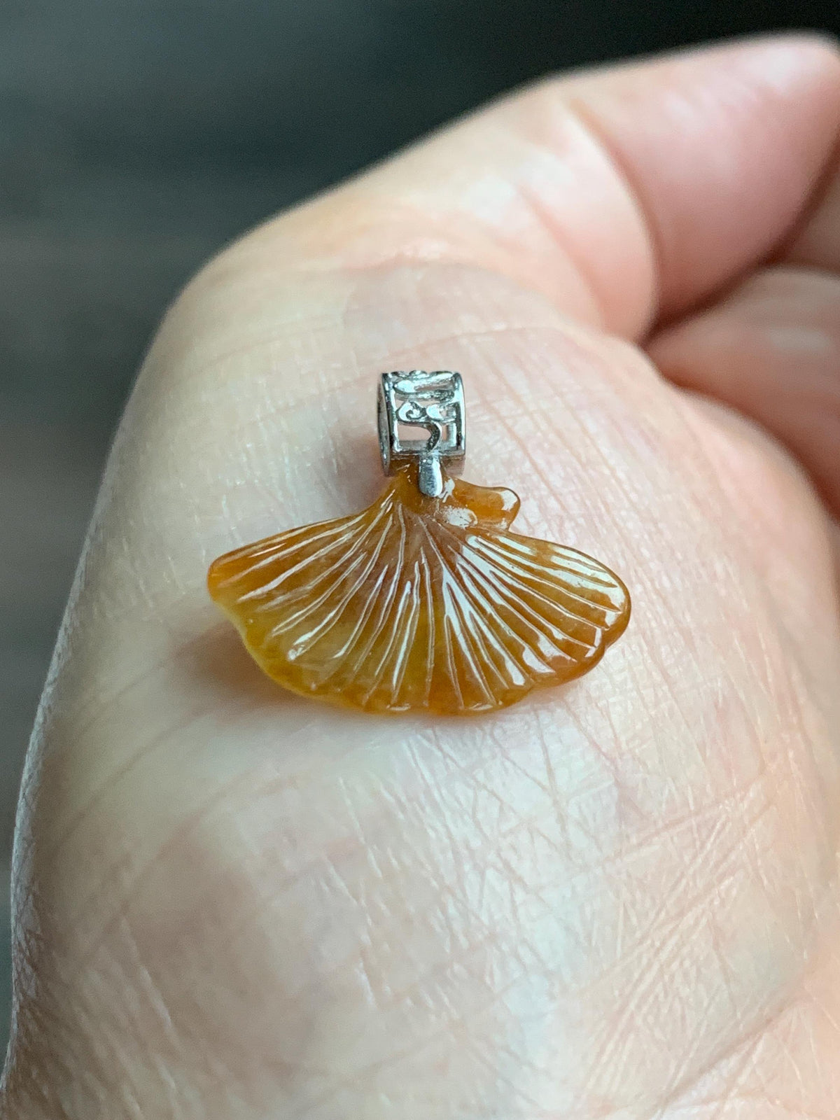 Petite Natural Grade A Icy Translucent Rich Honey Brown Jade Jadeite Ginkgo Leaf Pendant Sterling Silver 天然冰油黄翡翠银杏叶迷你吊坠 MYX330B