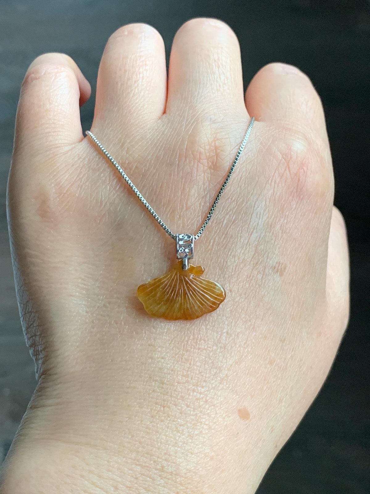 Petite Natural Grade A Icy Translucent Rich Honey Brown Jade Jadeite Ginkgo Leaf Pendant Sterling Silver 天然冰油黄翡翠银杏叶迷你吊坠 MYX330B