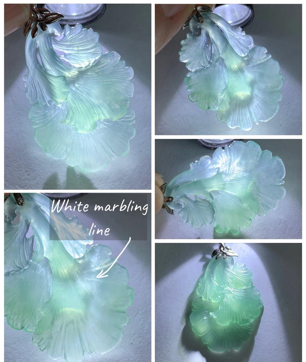 Natural Grade A Guatemalan Icy Highly Translucent Teal Jade Jadeite Ginkgo Leaves Pendant Sterling Silver 3g 天然冰危蓝绿翡翠银杏叶吊坠 WYX166