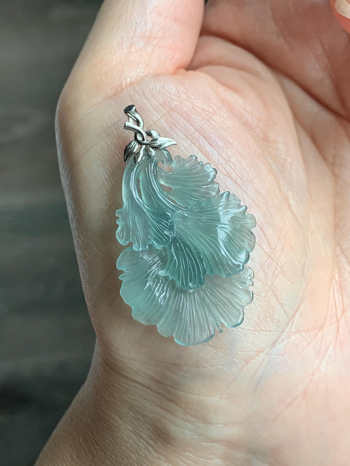 Natural Grade A Guatemalan Icy Highly Translucent Teal Jade Jadeite Ginkgo Leaves Pendant Sterling Silver 3g 天然冰危蓝绿翡翠银杏叶吊坠 WYX166