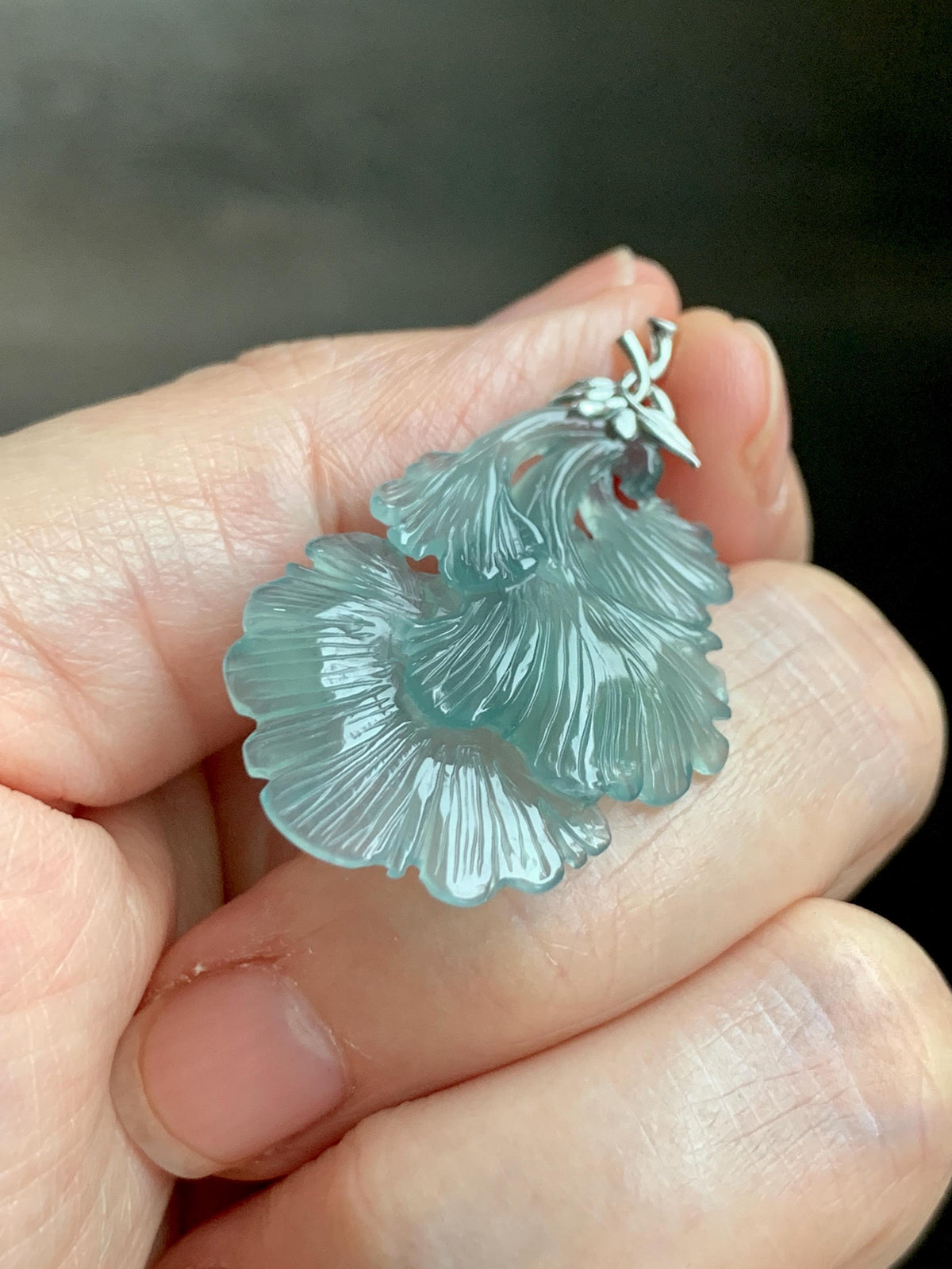 Natural Grade A Guatemalan Icy Highly Translucent Teal Jade Jadeite Ginkgo Leaves Pendant Sterling Silver 3g 天然冰危蓝绿翡翠银杏叶吊坠 WYX166
