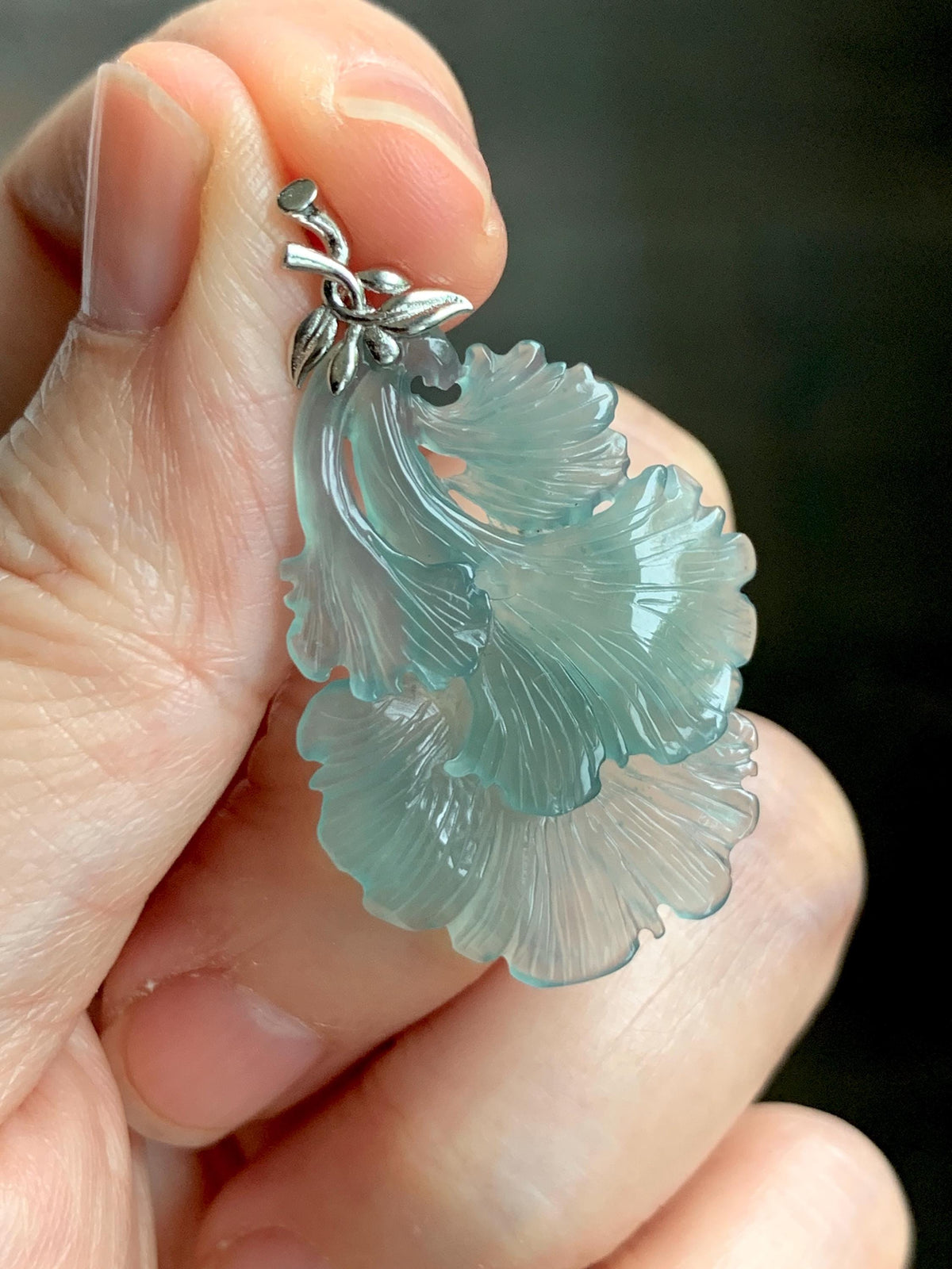 Natural Grade A Guatemalan Icy Highly Translucent Teal Jade Jadeite Ginkgo Leaves Pendant Sterling Silver 3g 天然冰危蓝绿翡翠银杏叶吊坠 WYX166