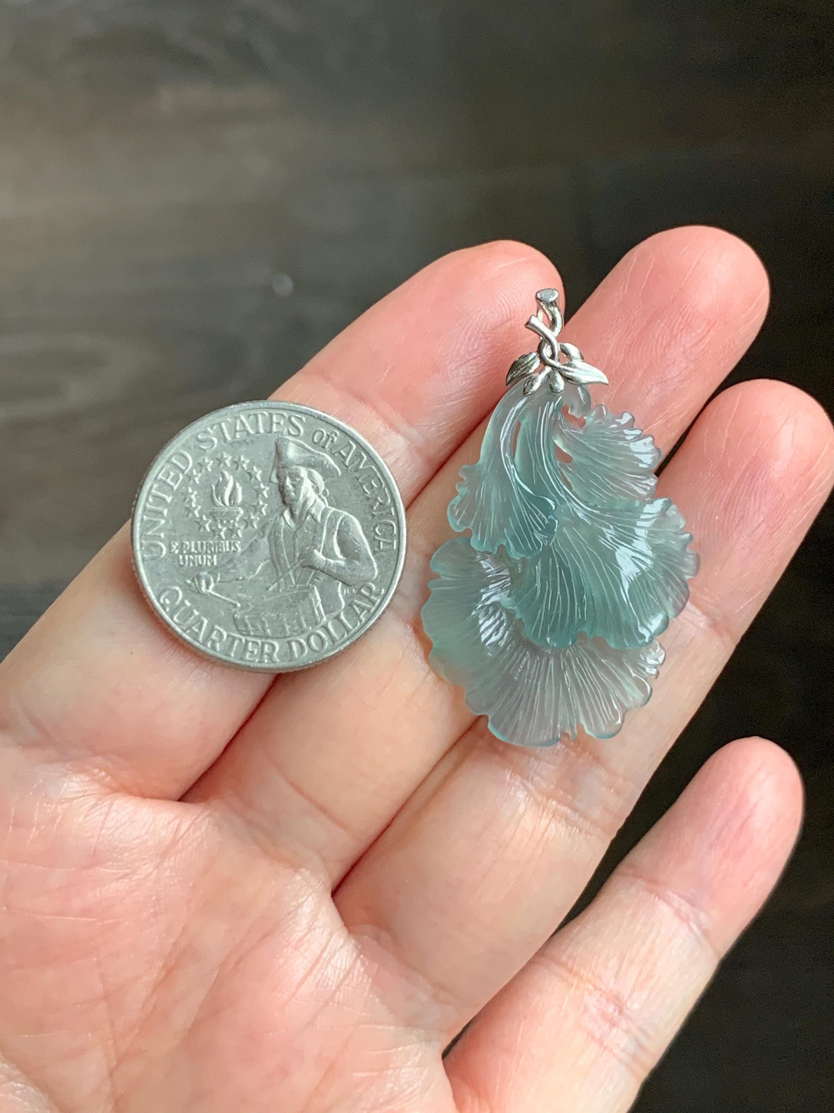 Natural Grade A Guatemalan Icy Highly Translucent Teal Jade Jadeite Ginkgo Leaves Pendant Sterling Silver 3g 天然冰危蓝绿翡翠银杏叶吊坠 WYX166