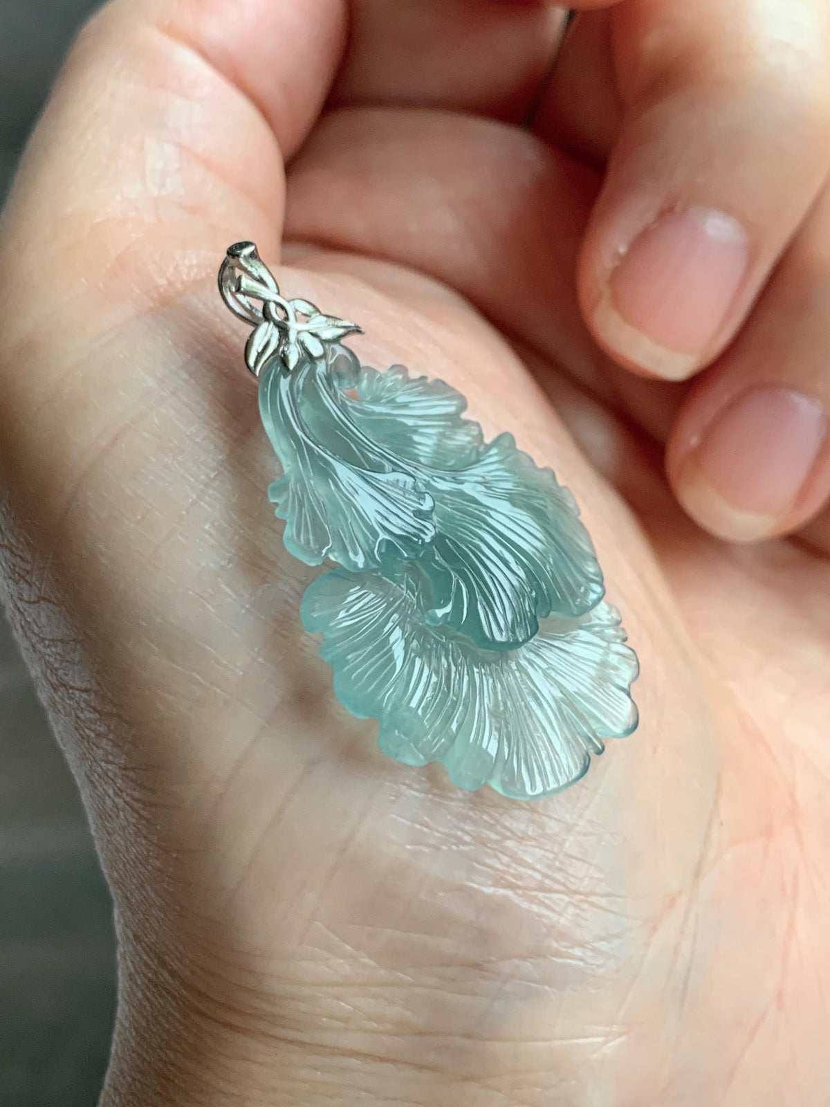 Natural Grade A Guatemalan Icy Highly Translucent Teal Jade Jadeite Ginkgo Leaves Pendant Sterling Silver 3g 天然冰危蓝绿翡翠银杏叶吊坠 WYX166