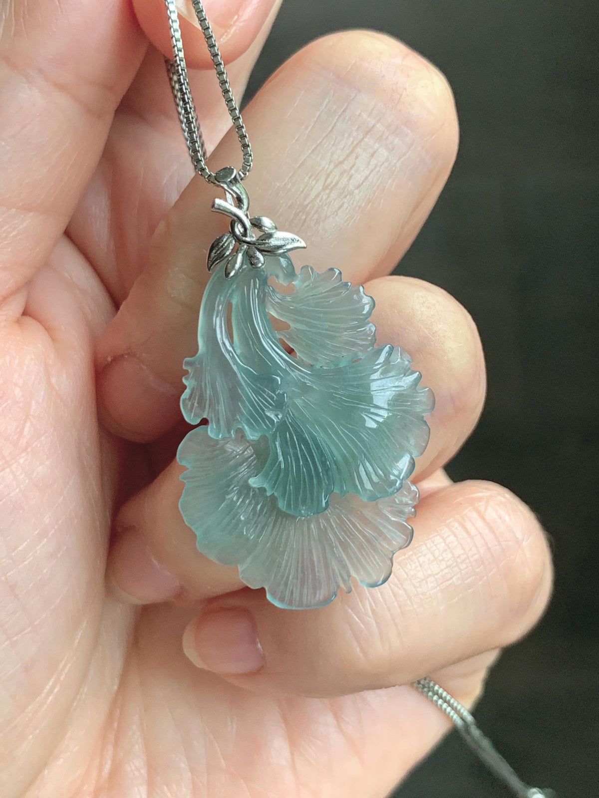 Natural Grade A Guatemalan Icy Highly Translucent Teal Jade Jadeite Ginkgo Leaves Pendant Sterling Silver 3g 天然冰危蓝绿翡翠银杏叶吊坠 WYX166
