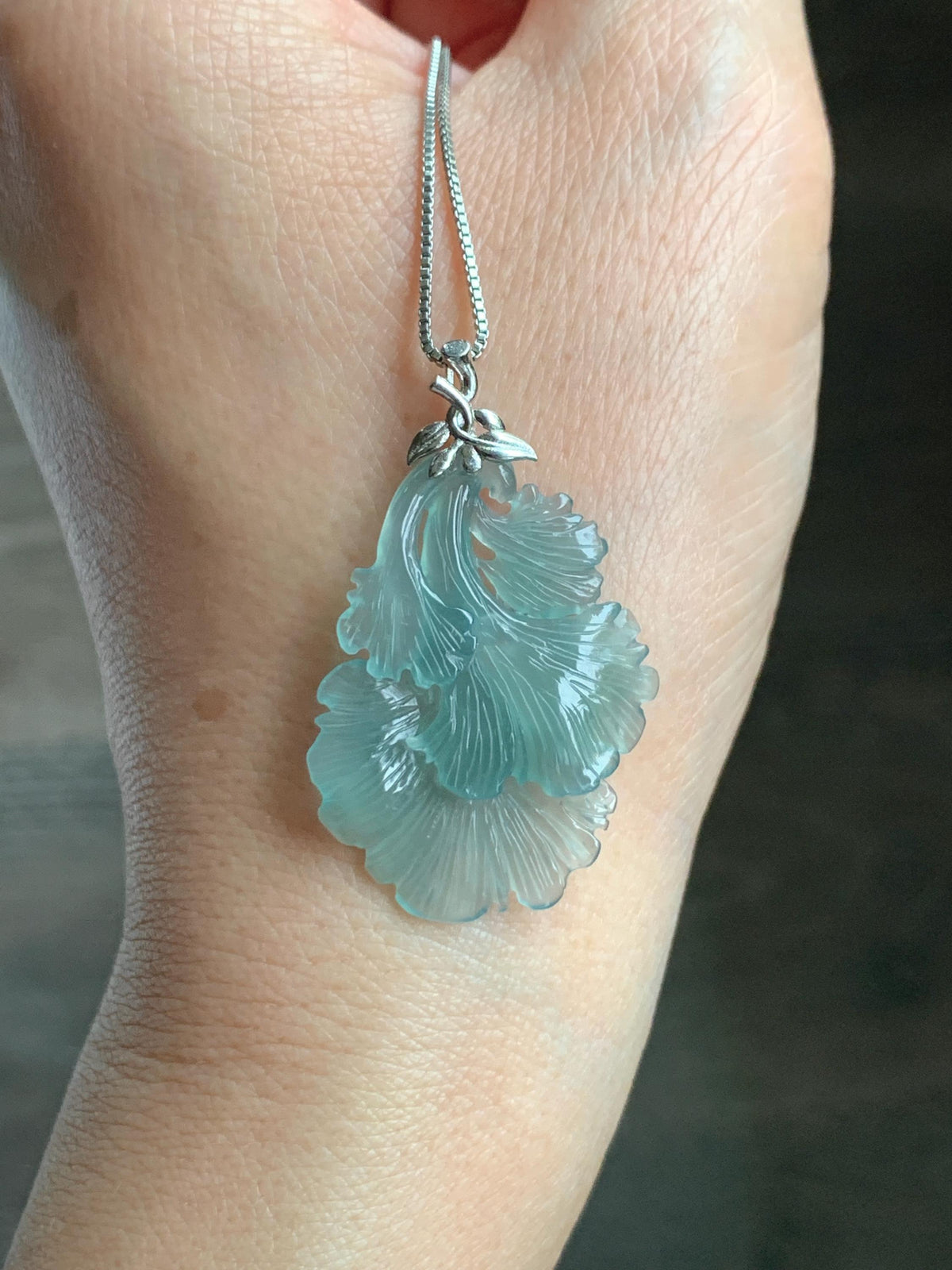 Natural Grade A Guatemalan Icy Highly Translucent Teal Jade Jadeite Ginkgo Leaves Pendant Sterling Silver 3g 天然冰危蓝绿翡翠银杏叶吊坠 WYX166