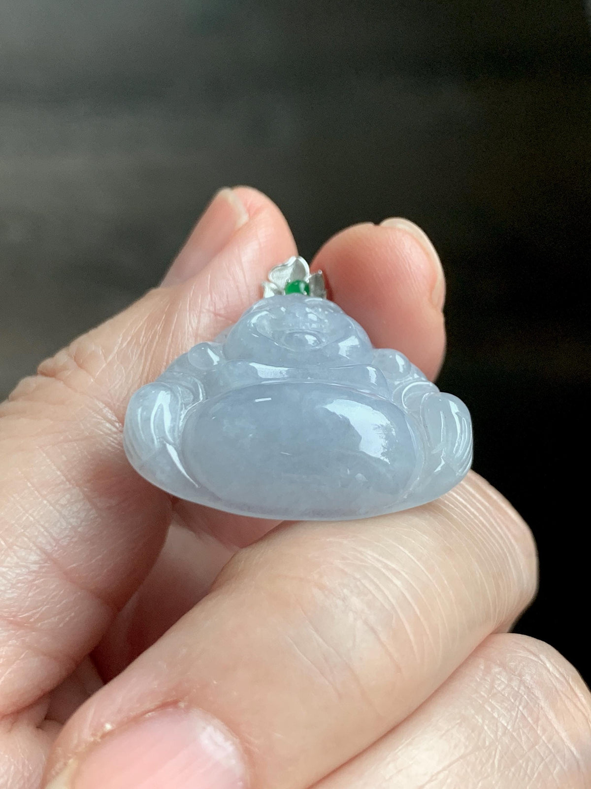 Certified Natural Grade A Icy Translucent Dusty Purplish Blue Jade Jadeite Buddha Pendant Sterling Silver 7.24g 天然冰蓝紫底翡翠佛公银镶吊坠 1163