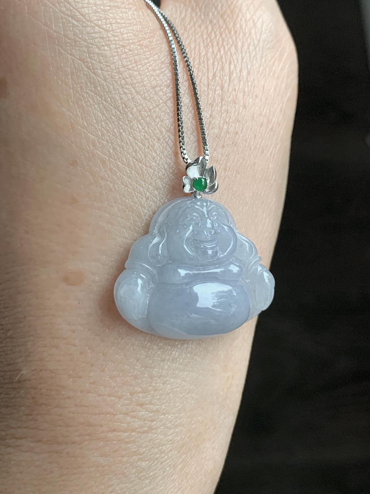 Certified Natural Grade A Icy Translucent Dusty Purplish Blue Jade Jadeite Buddha Pendant Sterling Silver 7.24g 天然冰蓝紫底翡翠佛公银镶吊坠 1163