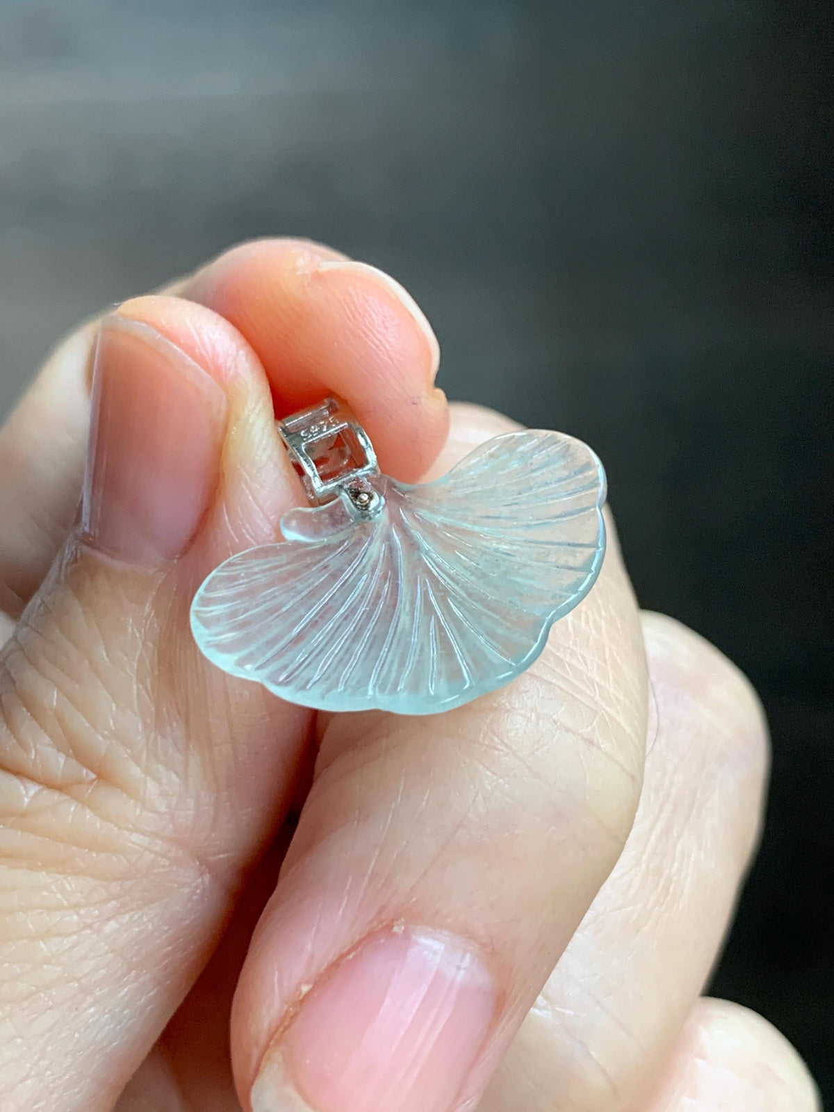 Petite Natural Grade A Icy Highly Translucent Pale Green Jade Jadeite Ginkgo Leaf Pendant Sterling Silver 天然冰晴底翡翠银杏叶迷你吊坠 MYX330C
