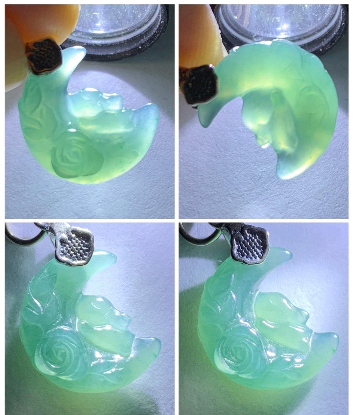Natural Grade A Guatemalan Icy Translucent Dusty Teal Jade Jadeite Rabbit Crescent Moon Petite Pendant Sterling Silver 天然冰危蓝翡翠迷你月亮兔吊坠WLK180Y