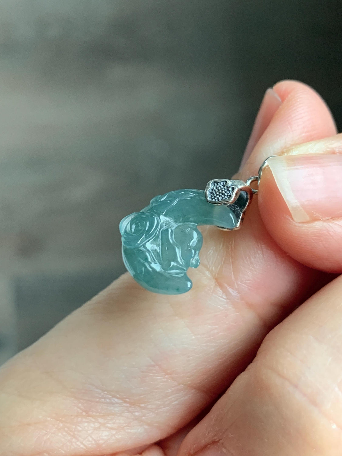 Natural Grade A Guatemalan Icy Translucent Dusty Teal Jade Jadeite Rabbit Crescent Moon Petite Pendant Sterling Silver 天然冰危蓝翡翠迷你月亮兔吊坠WLK180Y