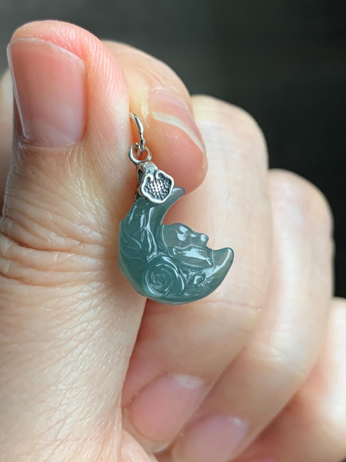 Natural Grade A Guatemalan Icy Translucent Dusty Teal Jade Jadeite Rabbit Crescent Moon Petite Pendant Sterling Silver 天然冰危蓝翡翠迷你月亮兔吊坠WLK180Y