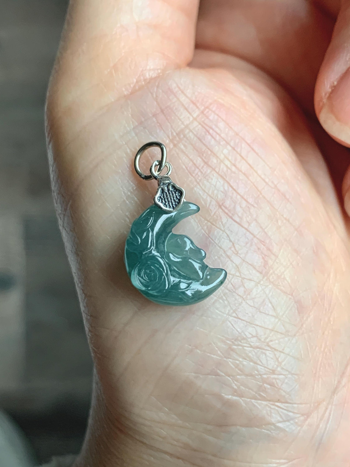 Natural Grade A Guatemalan Icy Translucent Dusty Teal Jade Jadeite Rabbit Crescent Moon Petite Pendant Sterling Silver 天然冰危蓝翡翠迷你月亮兔吊坠WLK180Y