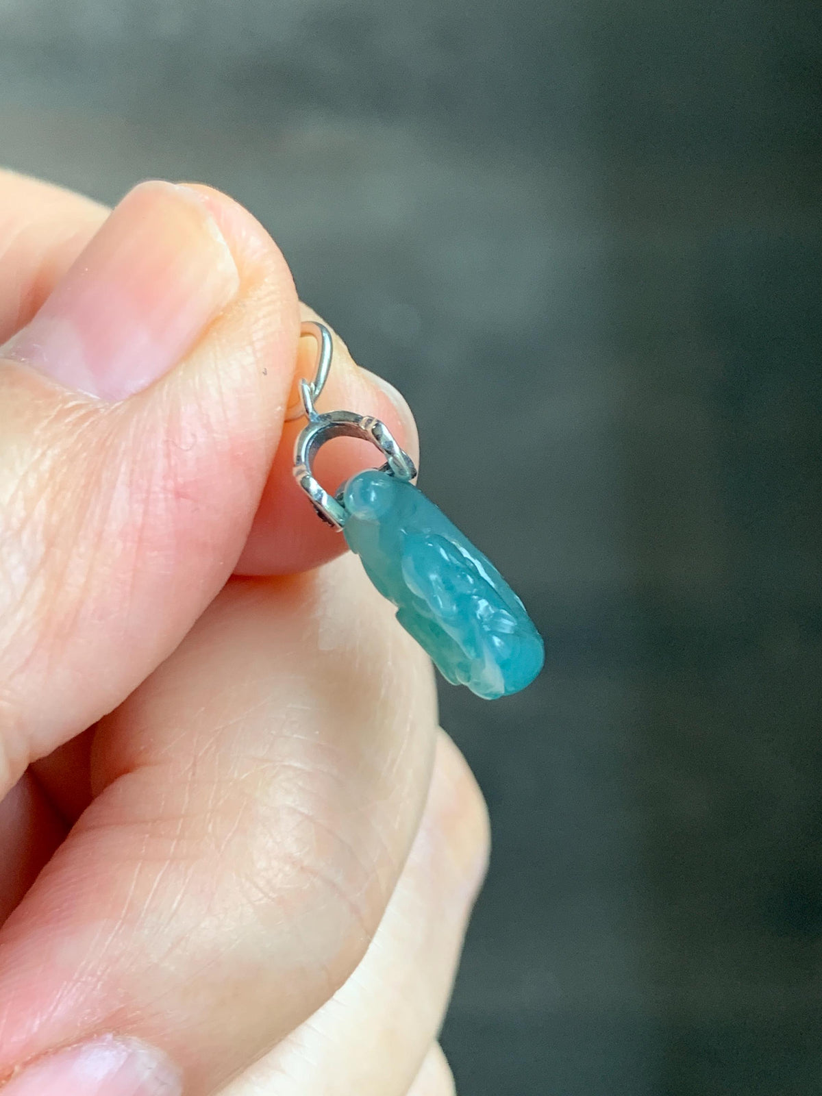 Natural Grade A Guatemalan Icy Translucent Dusty Teal Jade Jadeite Rabbit Crescent Moon Petite Pendant Sterling Silver 天然冰危蓝翡翠迷你月亮兔吊坠WLK180Y