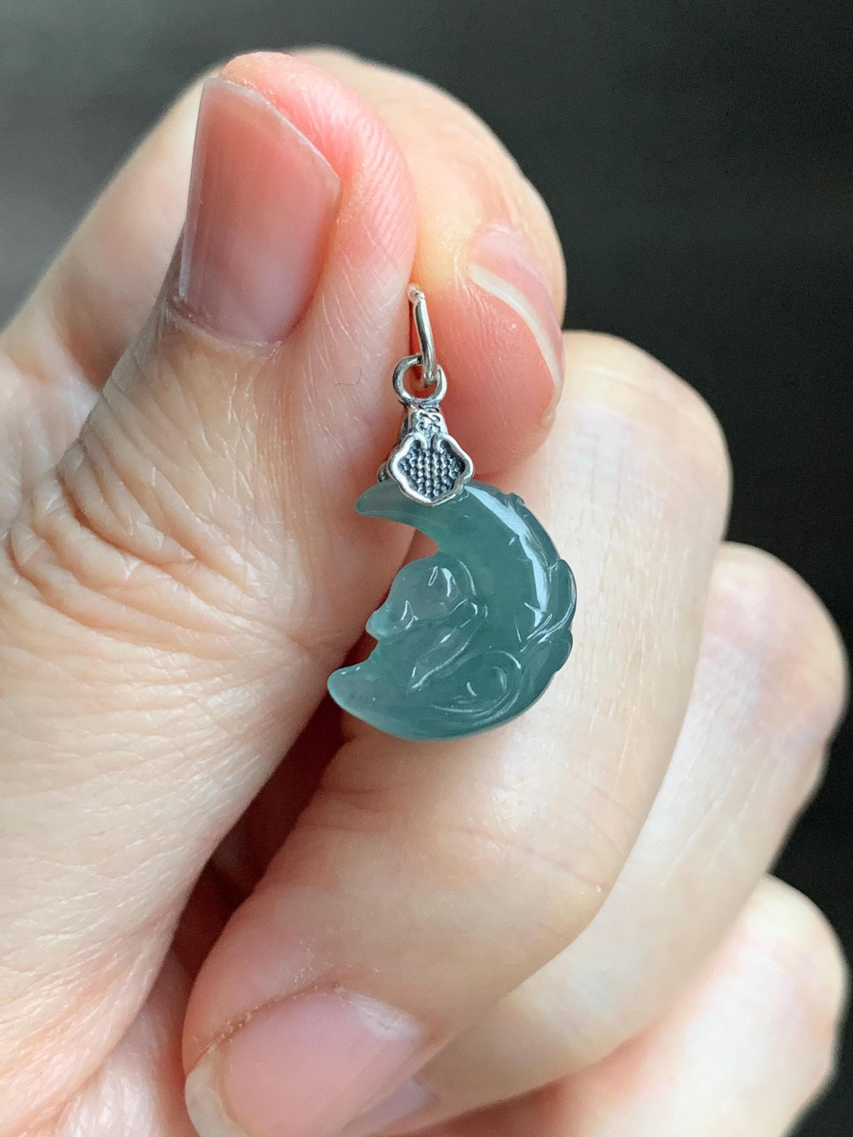 Natural Grade A Guatemalan Icy Translucent Dusty Teal Jade Jadeite Rabbit Crescent Moon Petite Pendant Sterling Silver 天然冰危蓝翡翠迷你月亮兔吊坠WLK180Y